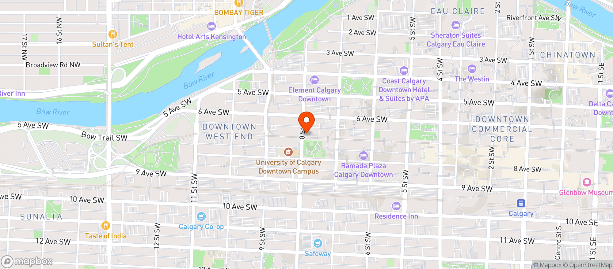 Map showing Moxies Calgary Downtown