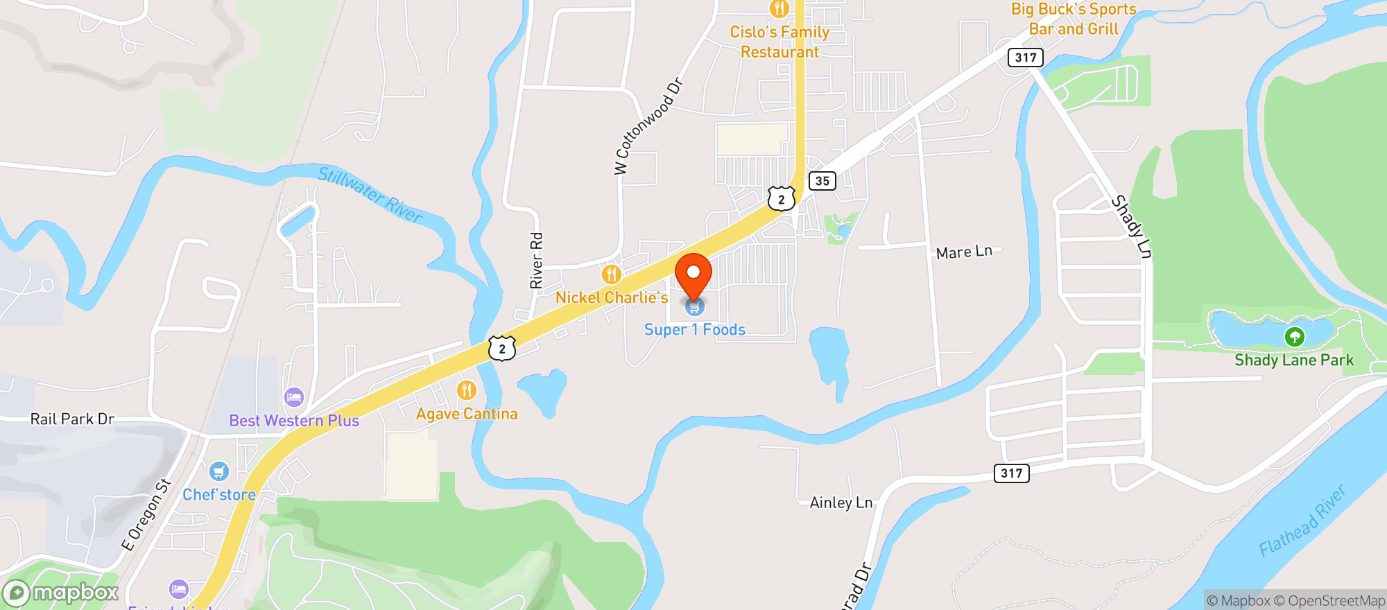 Map showing Super 1 - Us 2 Kalispell