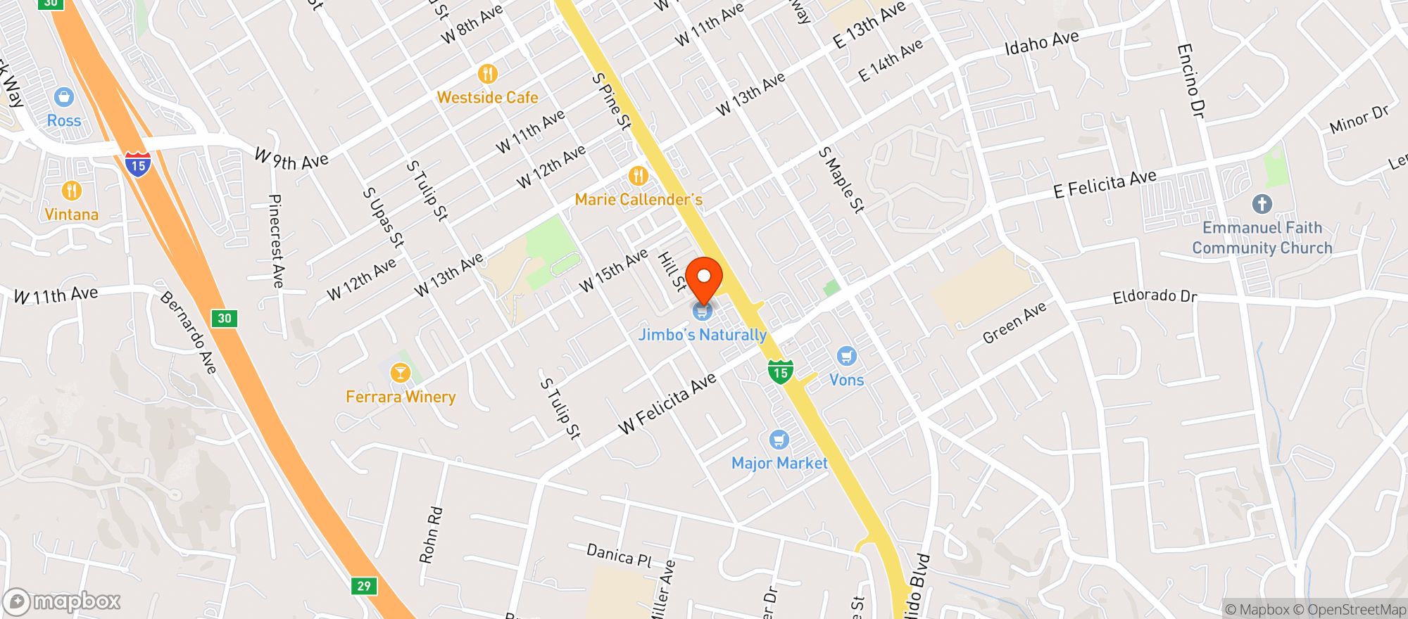 Map showing Jimbo's Naturally - Jimbos Naturally (Escondido) - 00813001