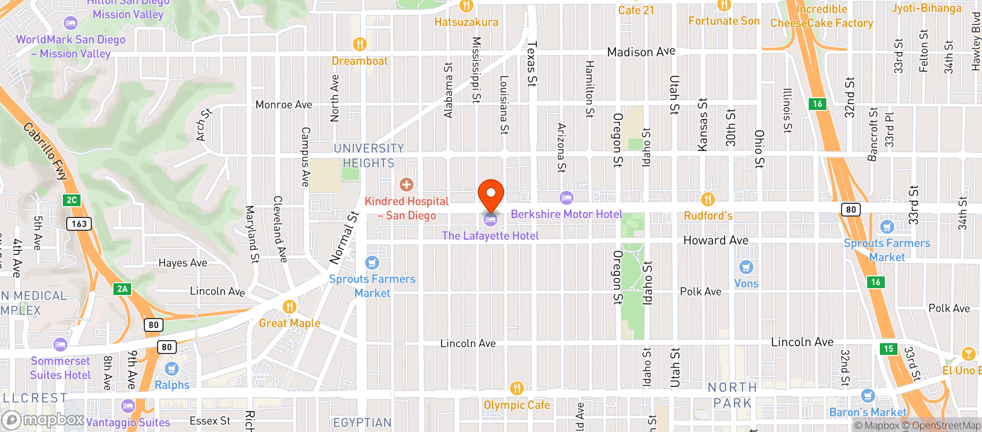 Map showing Lafayette Hotel & Suites