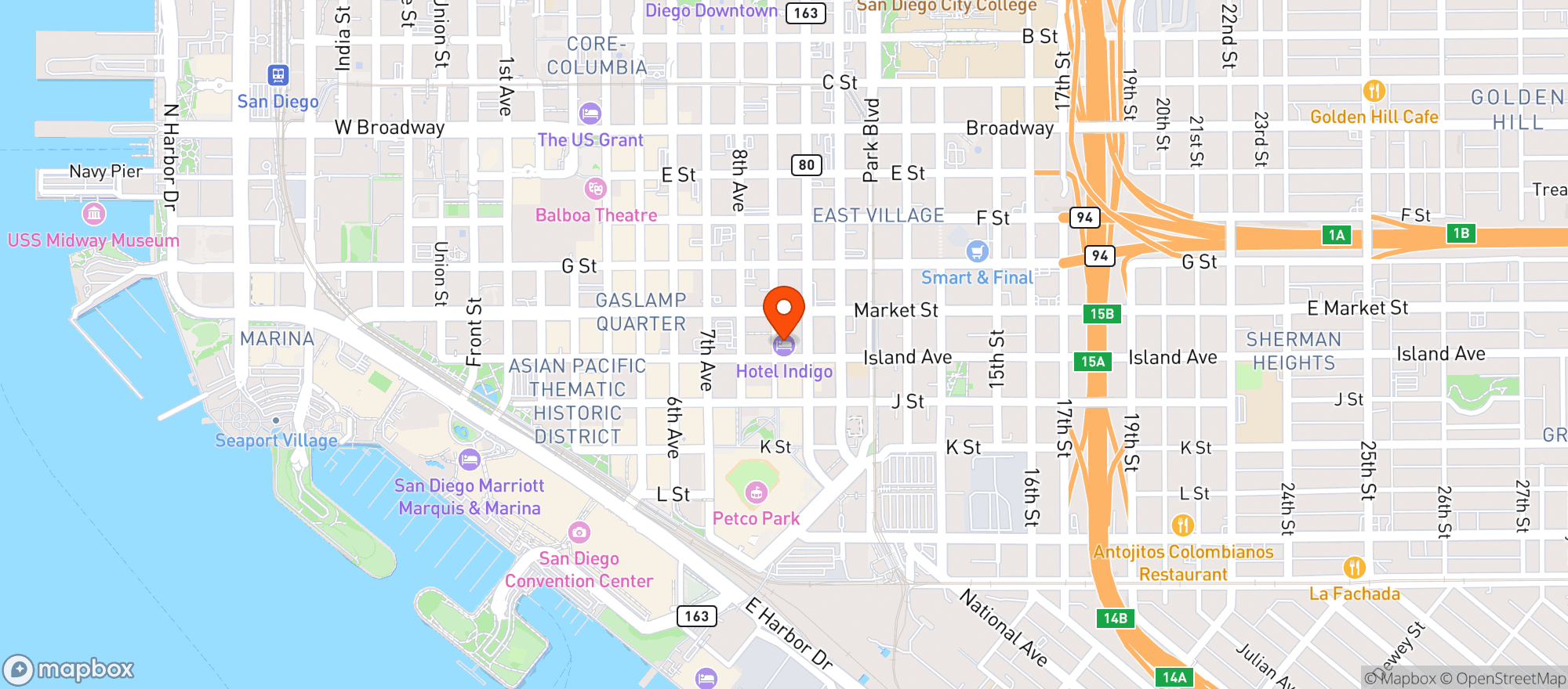 Map showing Hotel Indigo #sanis