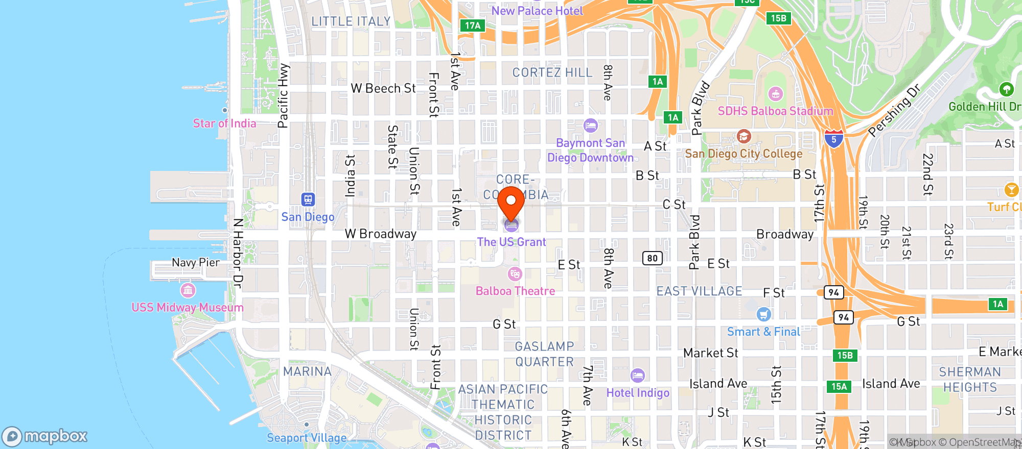 Map showing U S Grant Hotel