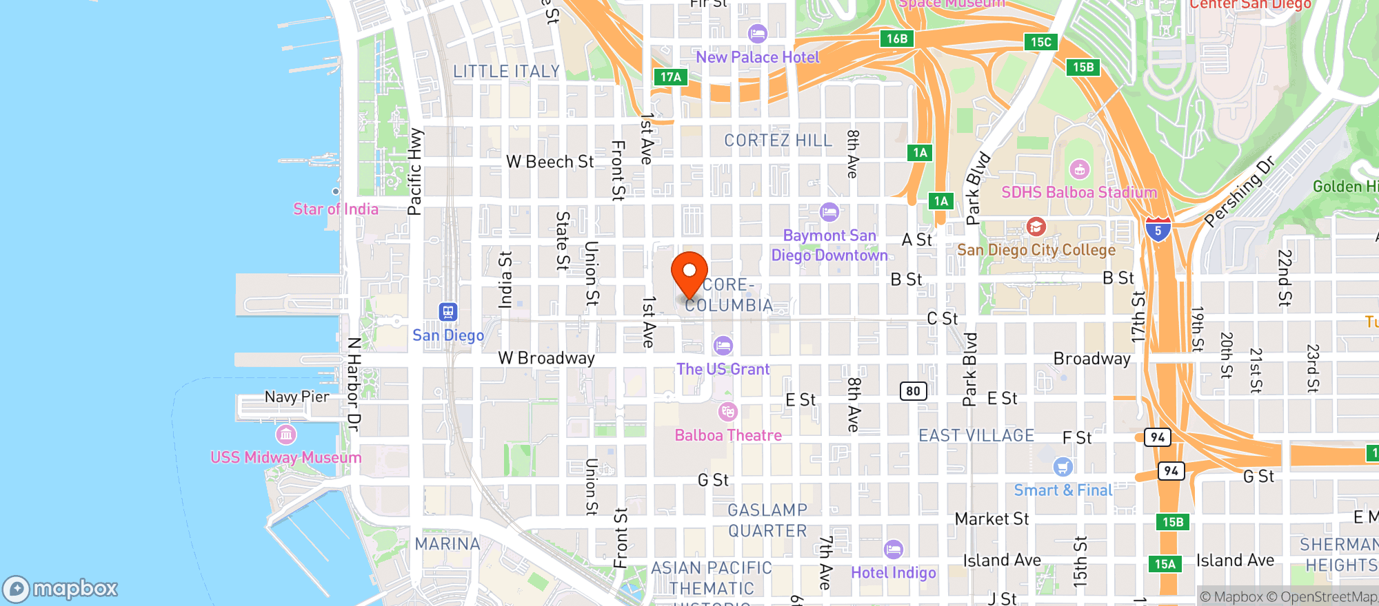 Map showing San Diego Civic Theater