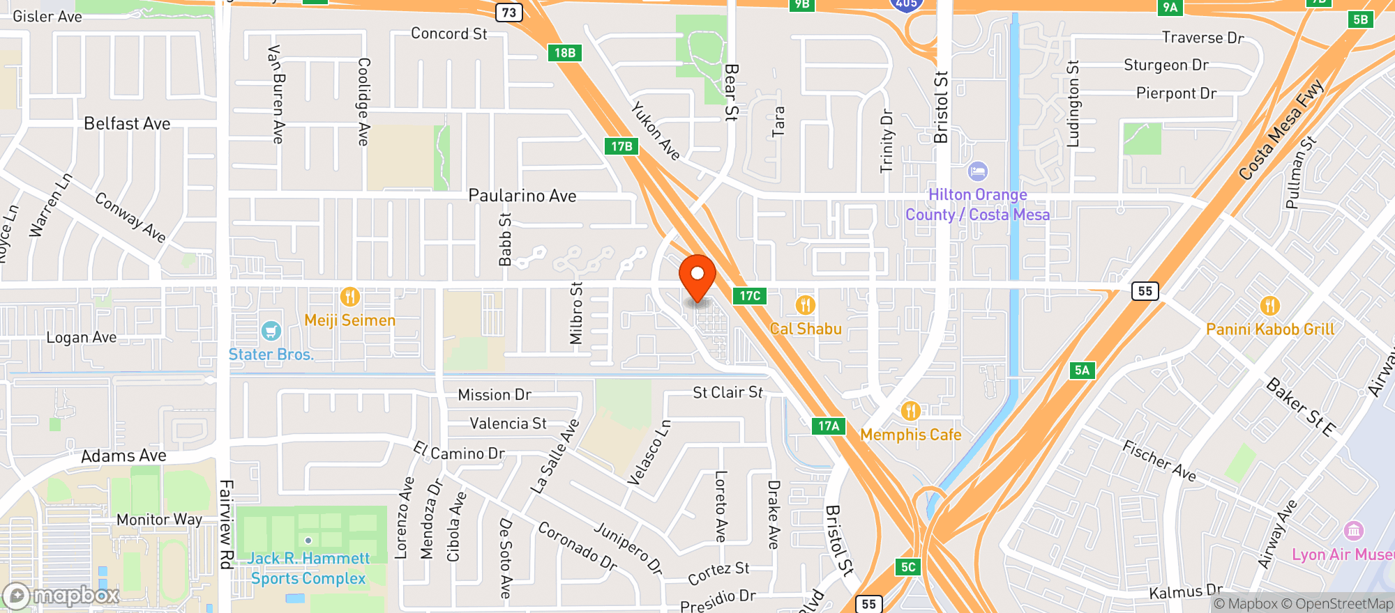 Map showing Costa Mesa Wine Sptrits