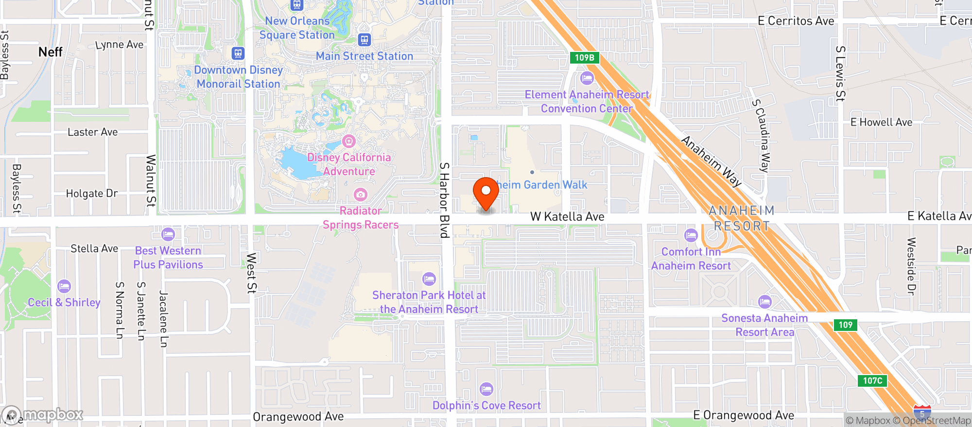 Map showing Hotel Indigo Anaheim