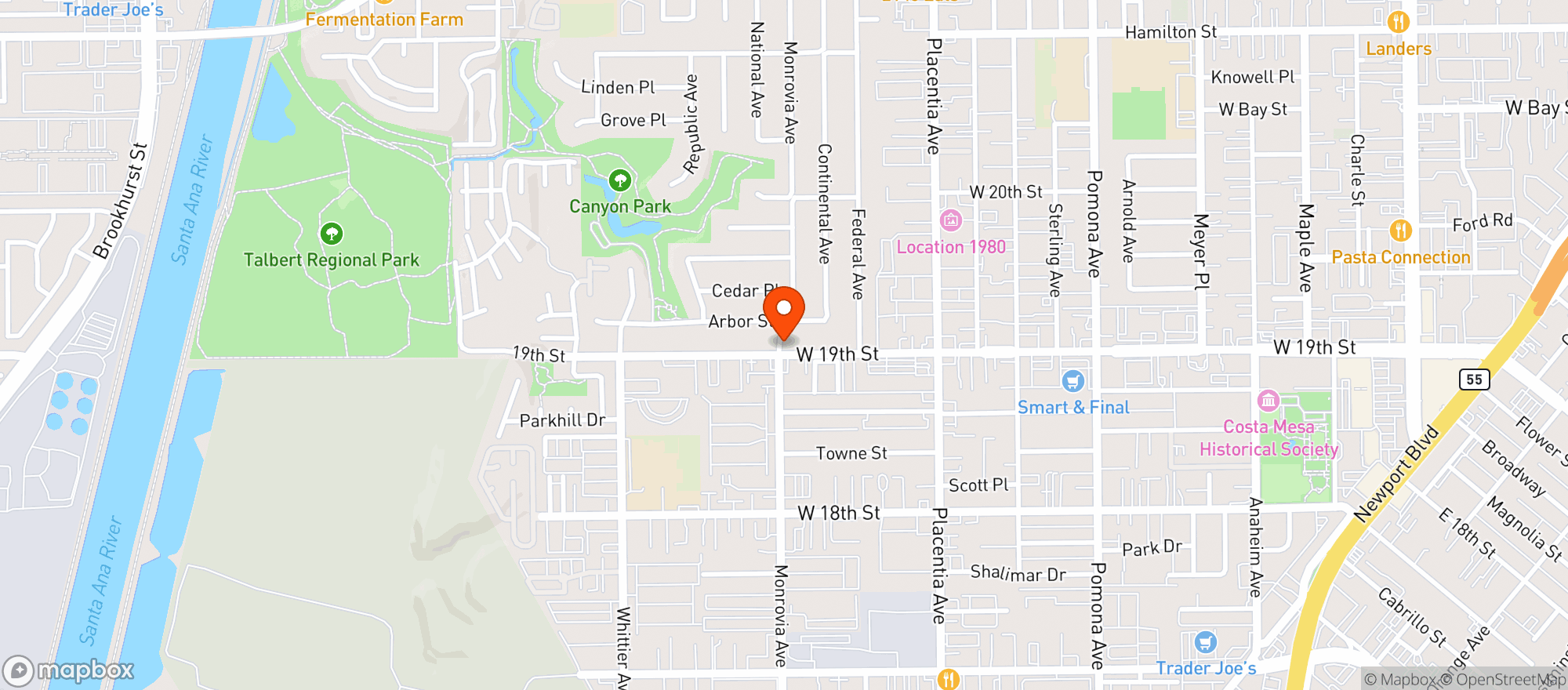 Map showing Monrovia Liquor & Mart - Costa Mesa