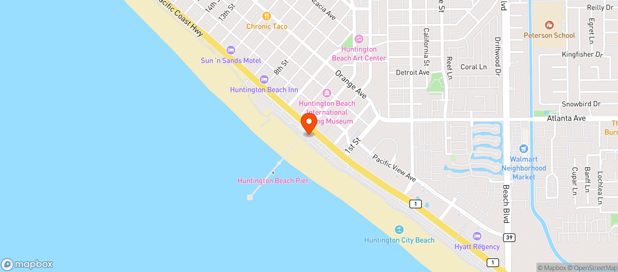 Map showing Dukes Huntington Beach