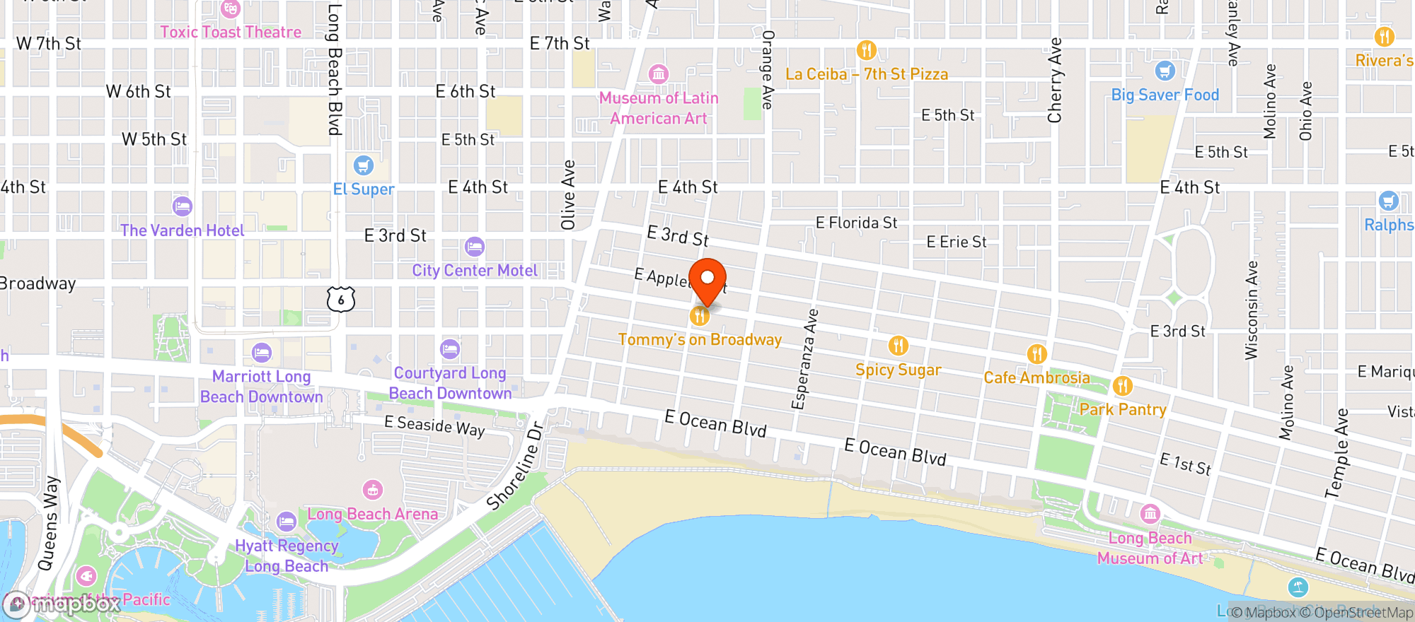 Map showing Tommys On Broadway