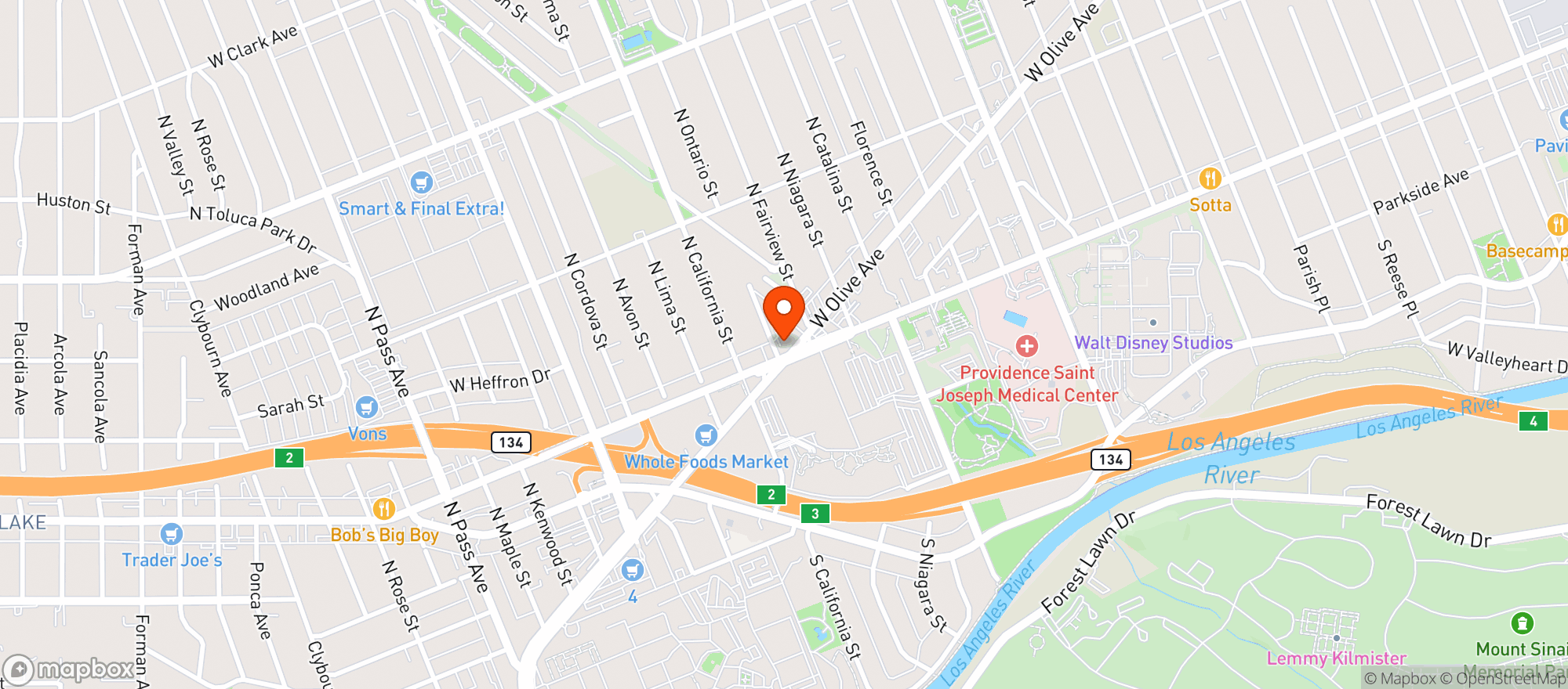 Map showing Olive Wine and Liquor, Burbank