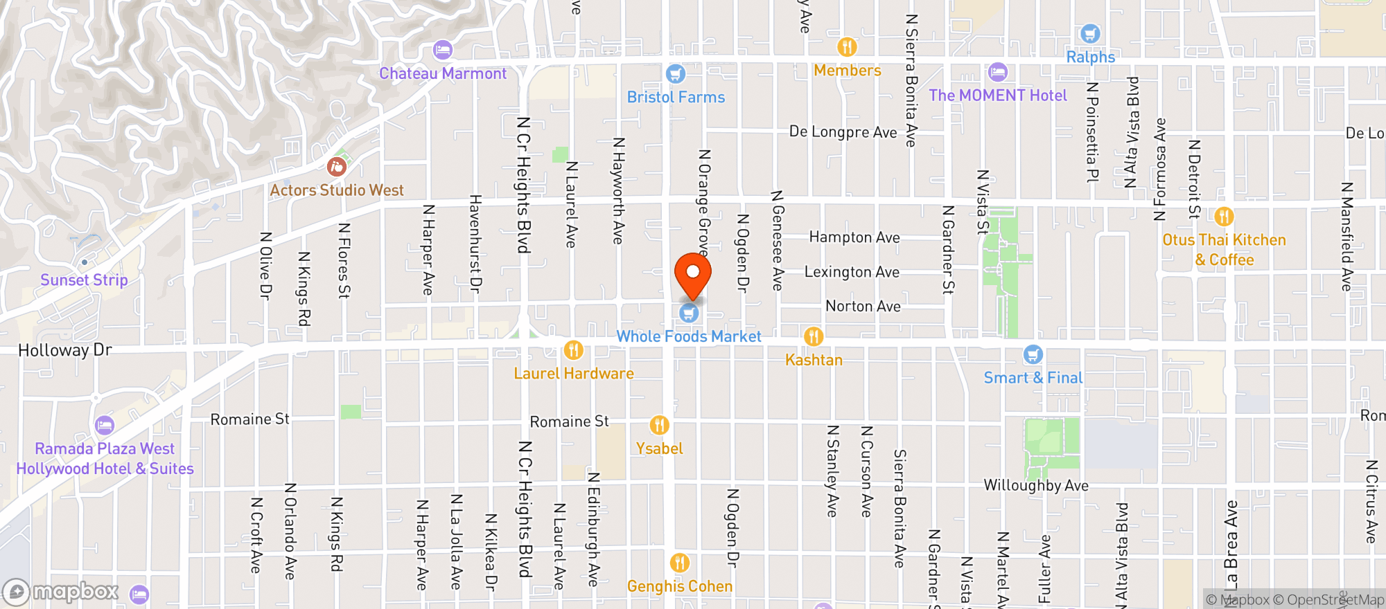 Map showing Whole Foods Market - West Hollywood