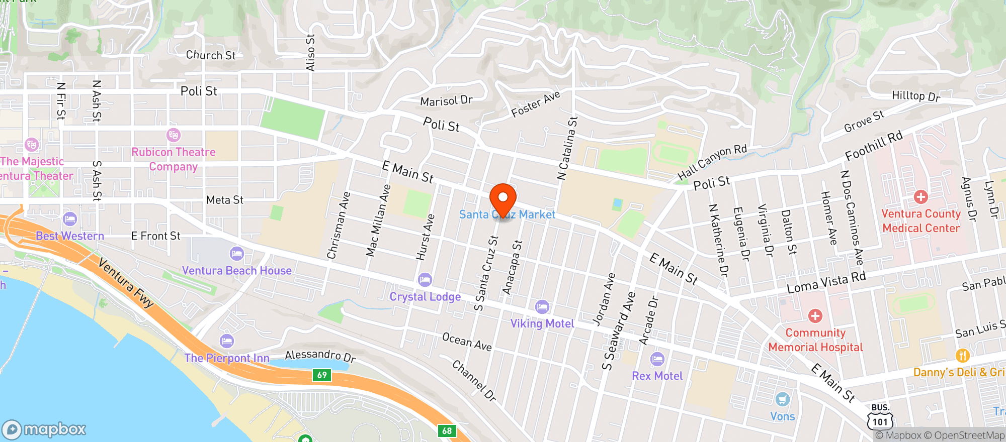 Map showing Singing Sun Coffee - Ventura