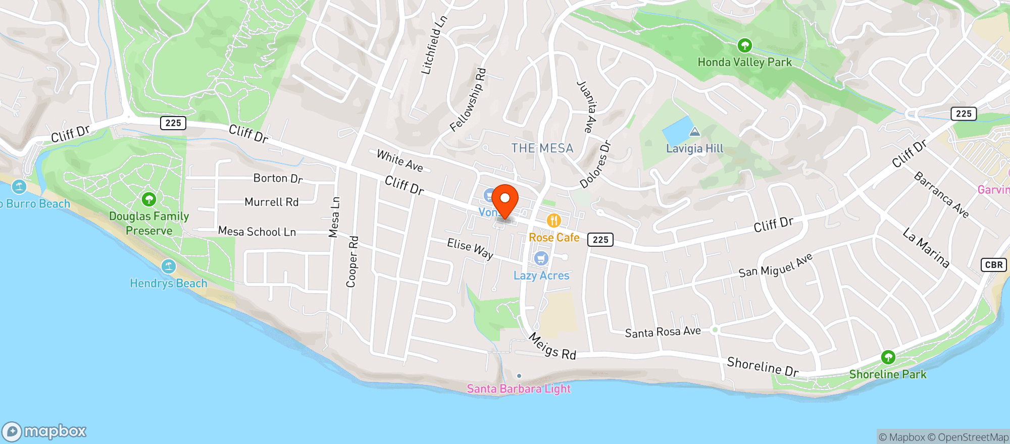Map showing Mesa Fuel Depot and The Point Market - Santa Barba