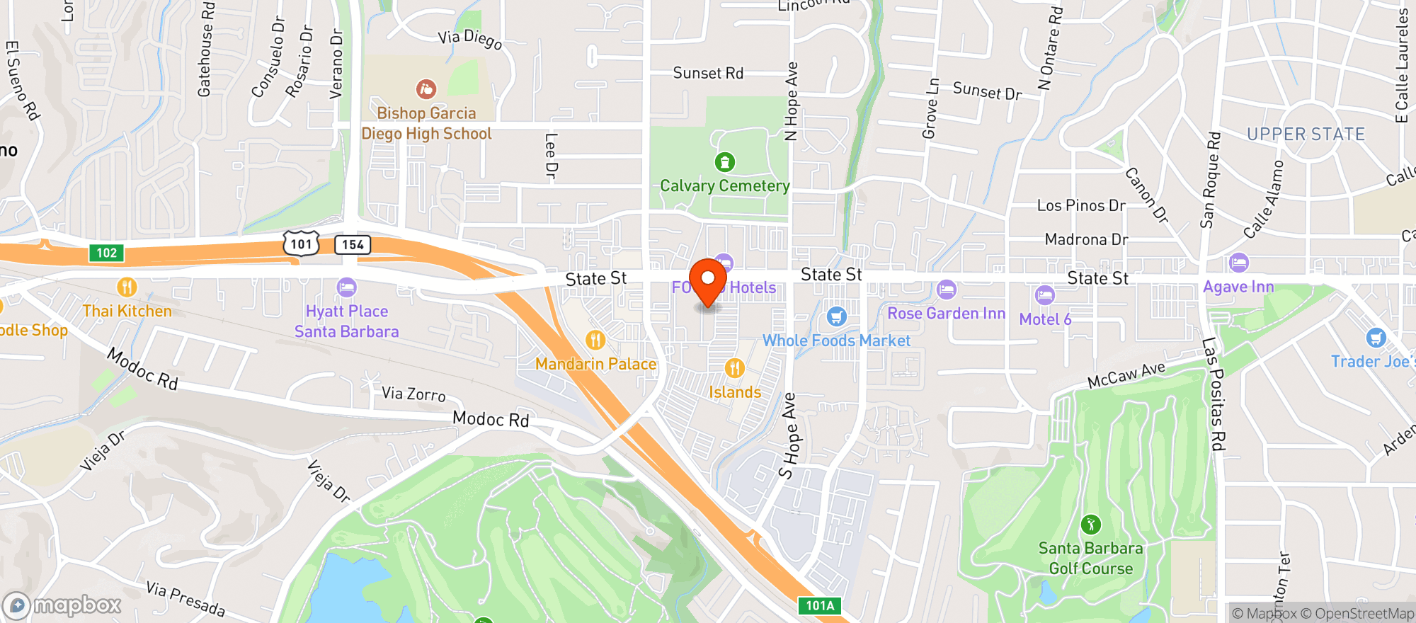 Map showing Backyard Bowls (La Cumbre Plaza)