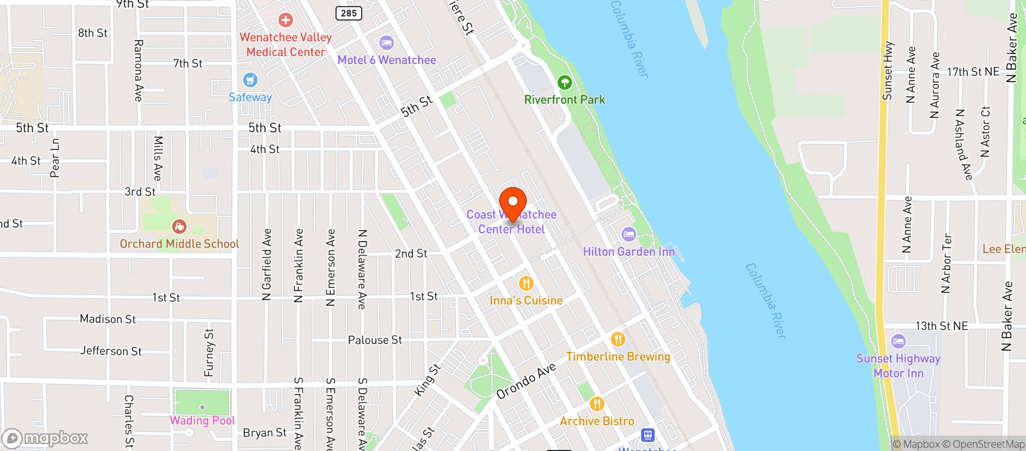 Map showing Wenatchee Visitors Center and Tasting Room