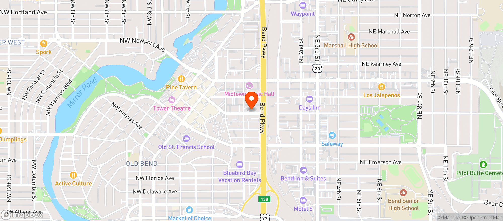 Map showing Bunk + Brew Bend Hostel