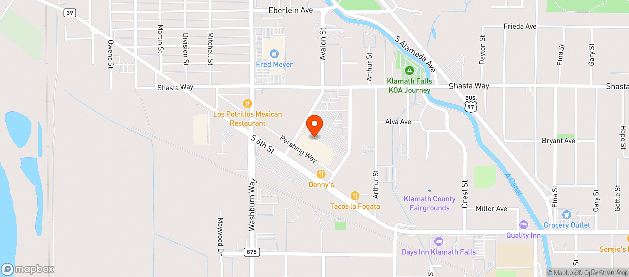 Map showing Sherms Thunderbird - Klammath Falls