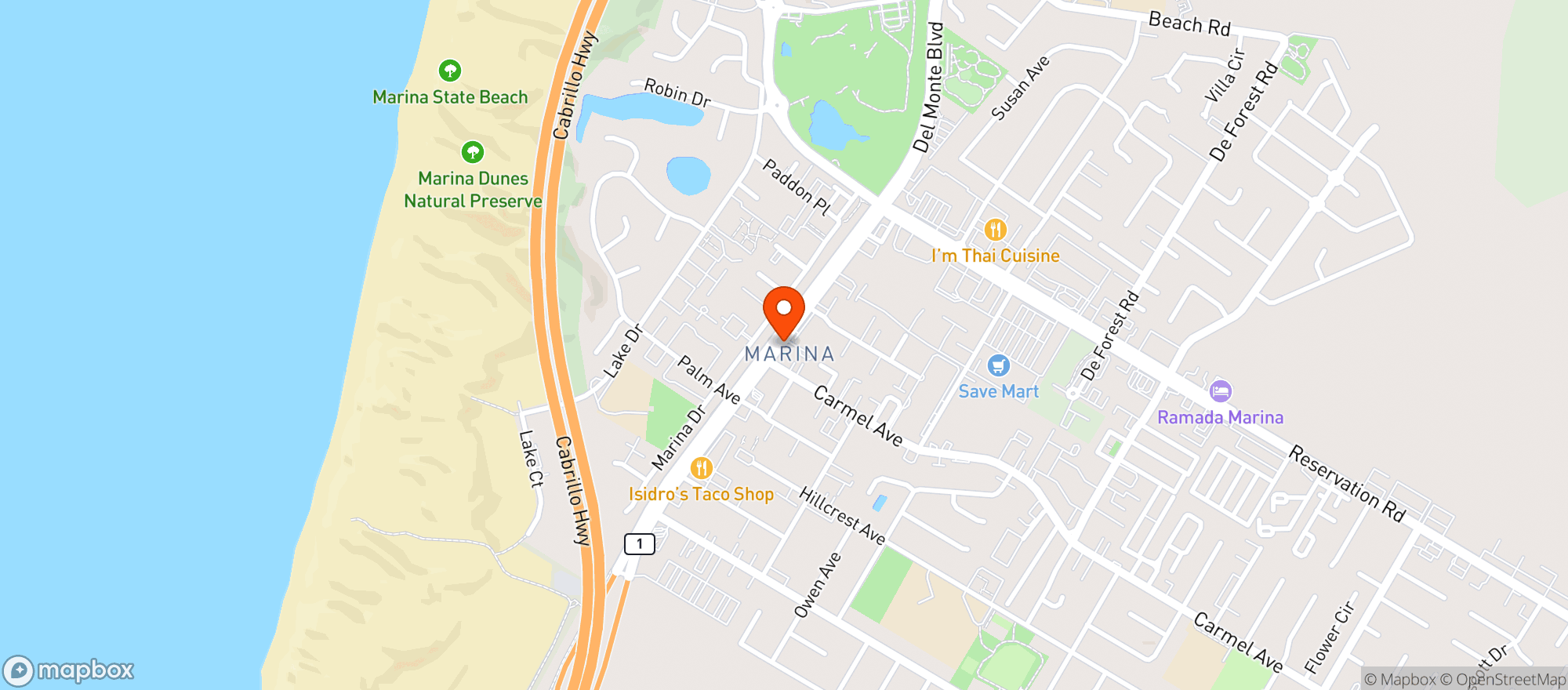 Map showing Marina Liquors & Videos