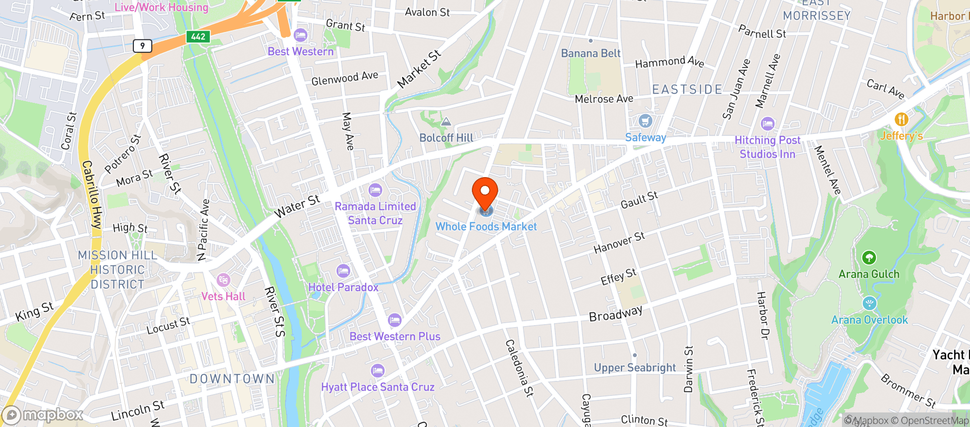 Map showing Whole Foods Market - Santa Cruz