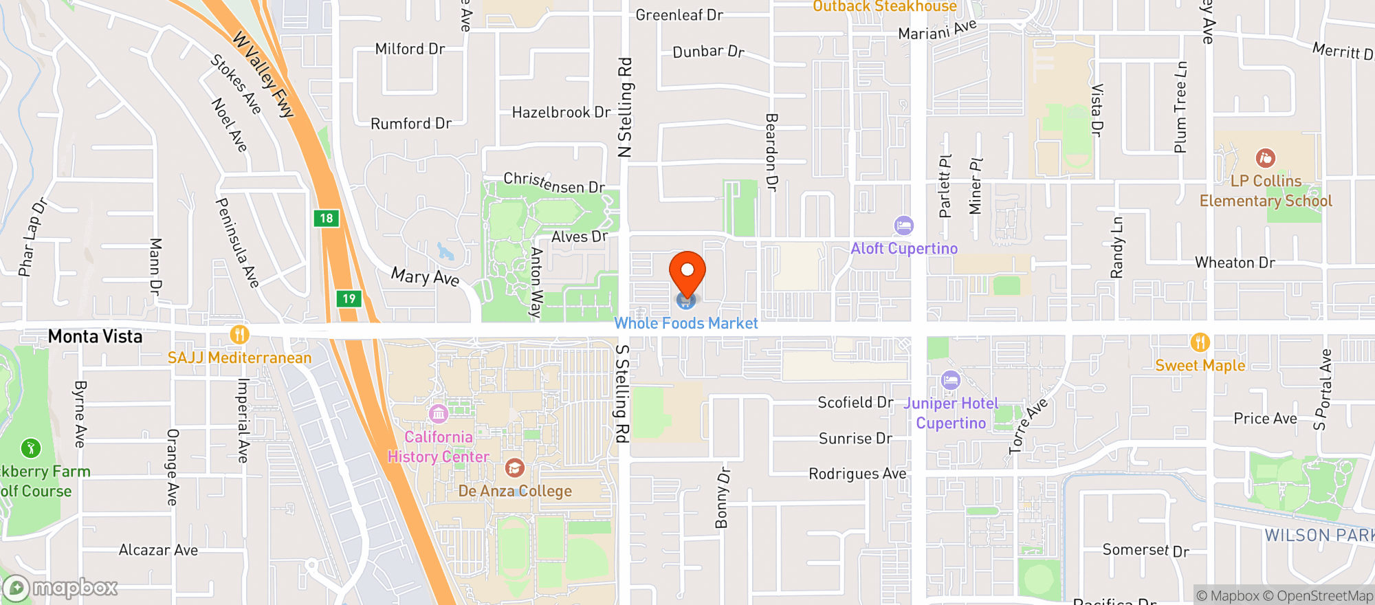 Map showing Whole Foods Market - Stevens Creek