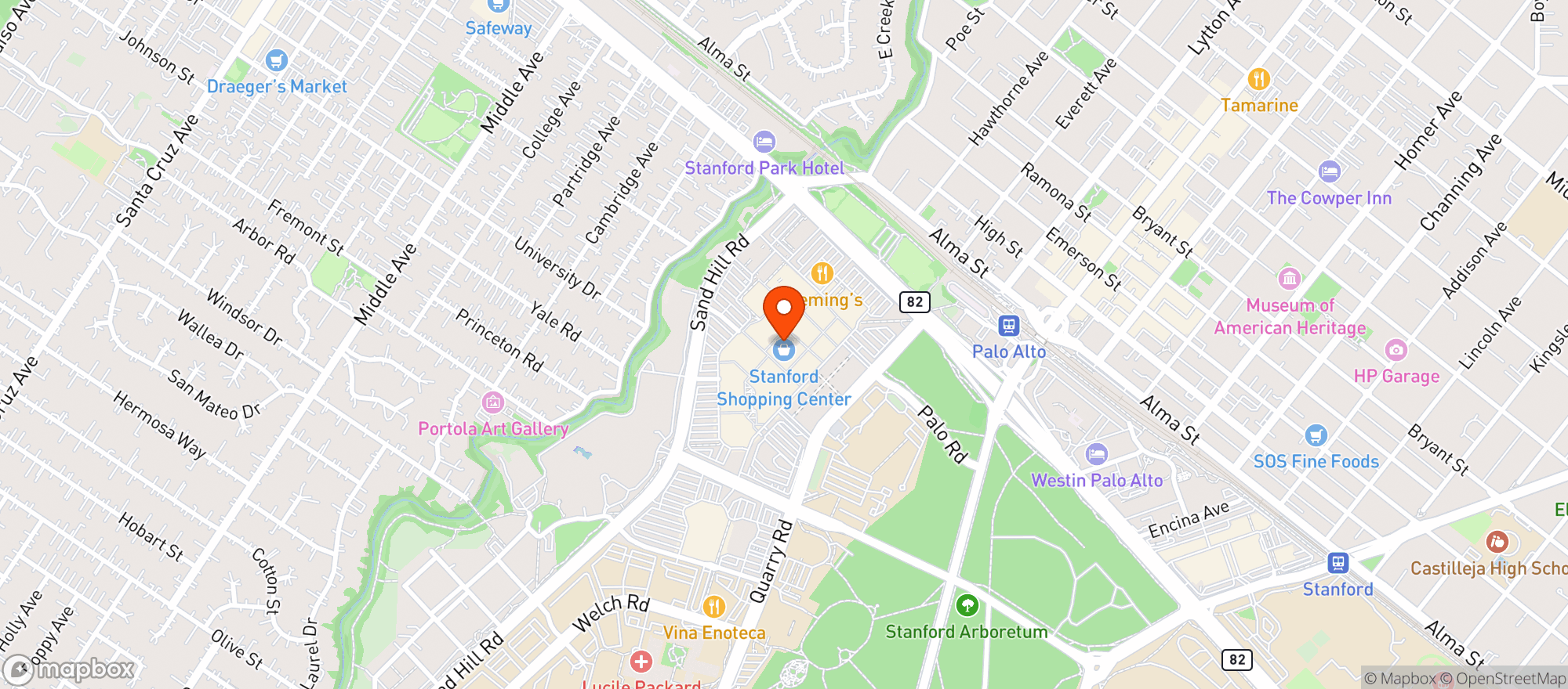 Map showing The RH Rooftop Restaurant at RH Palo Alto