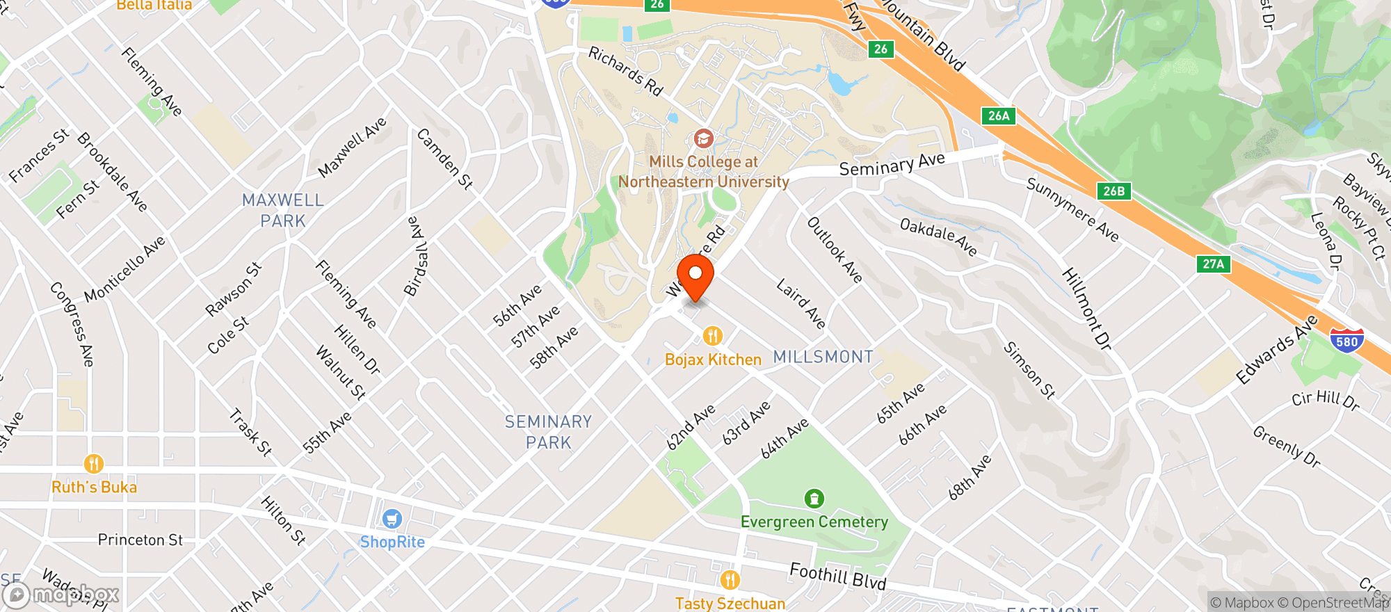 Map showing Mills Food Liquor - Oakland