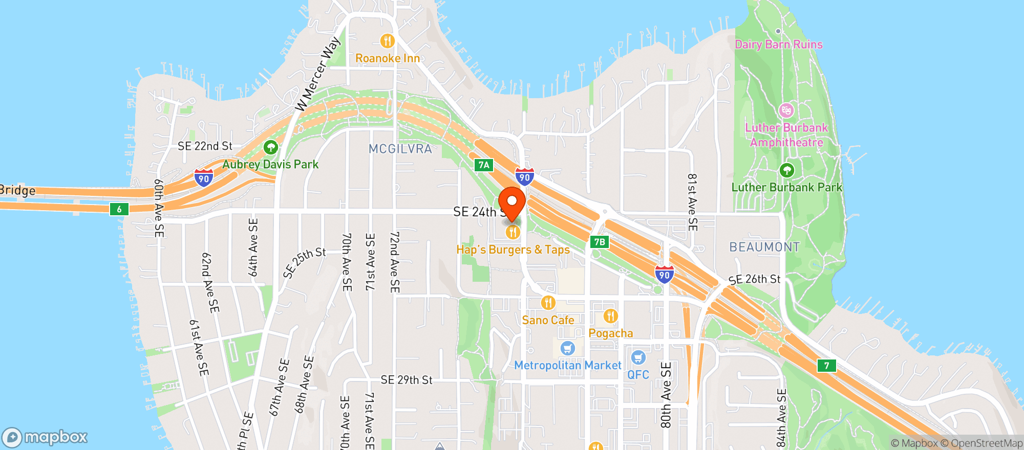 Map showing Hap's Burgers & Taps - Mercer Island
