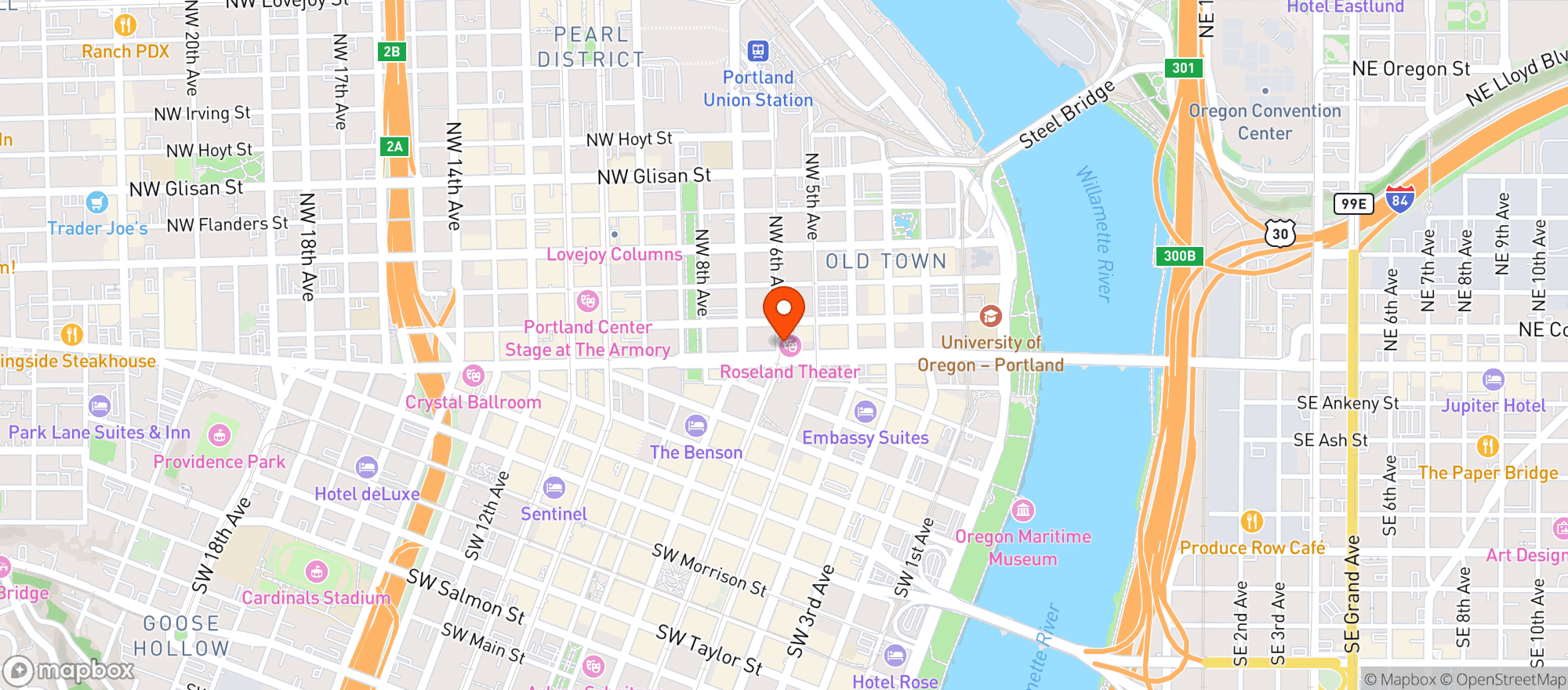 Map showing Roseland Theater