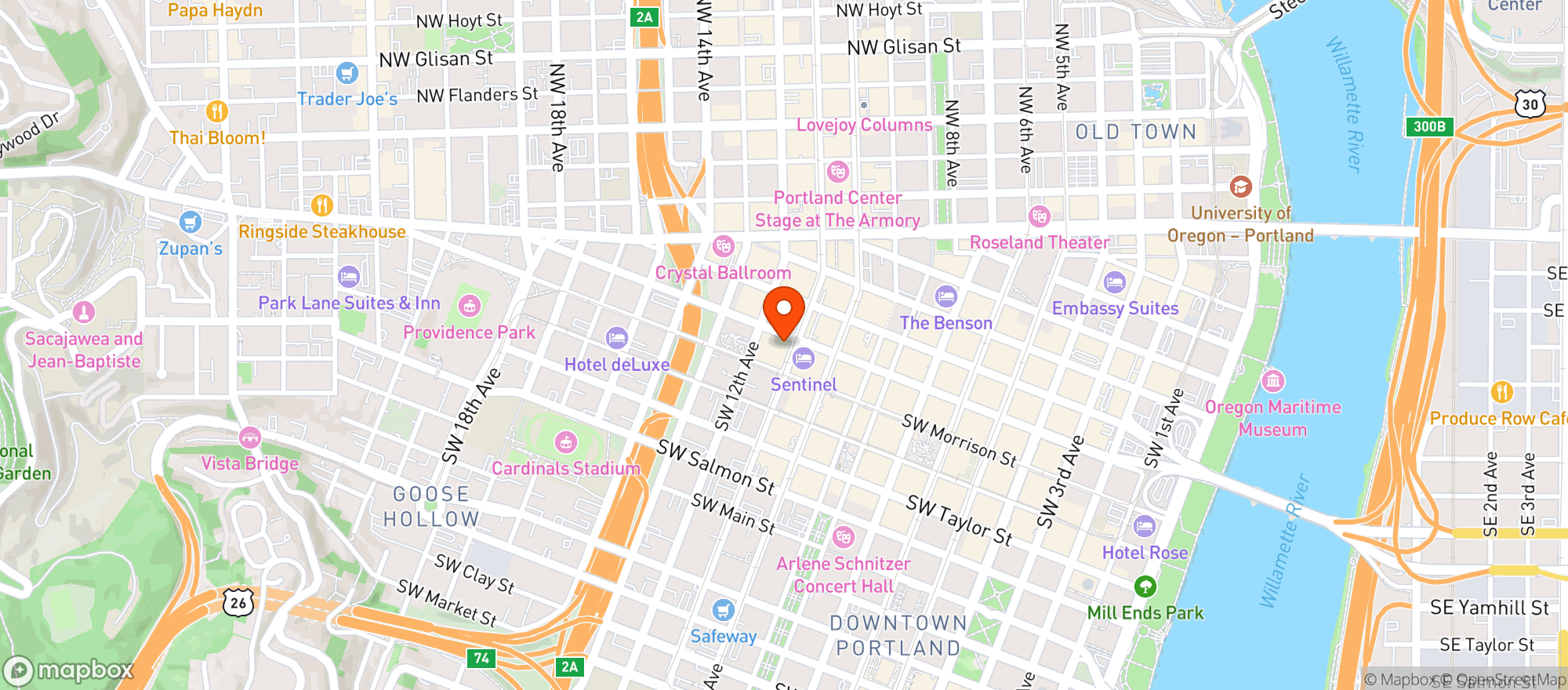Map showing Hyatt Centric Downtown Portland