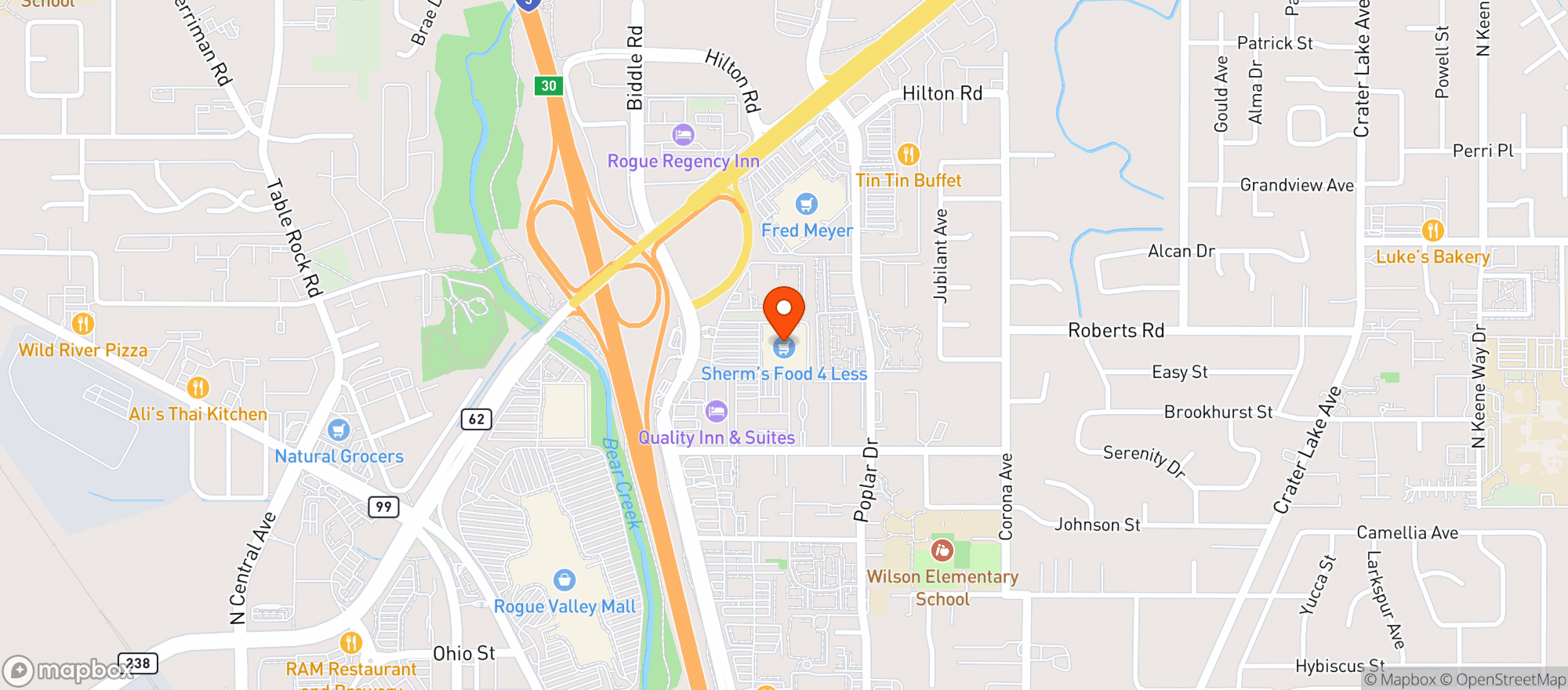 Map showing Sherms Food 4 Less - Medford