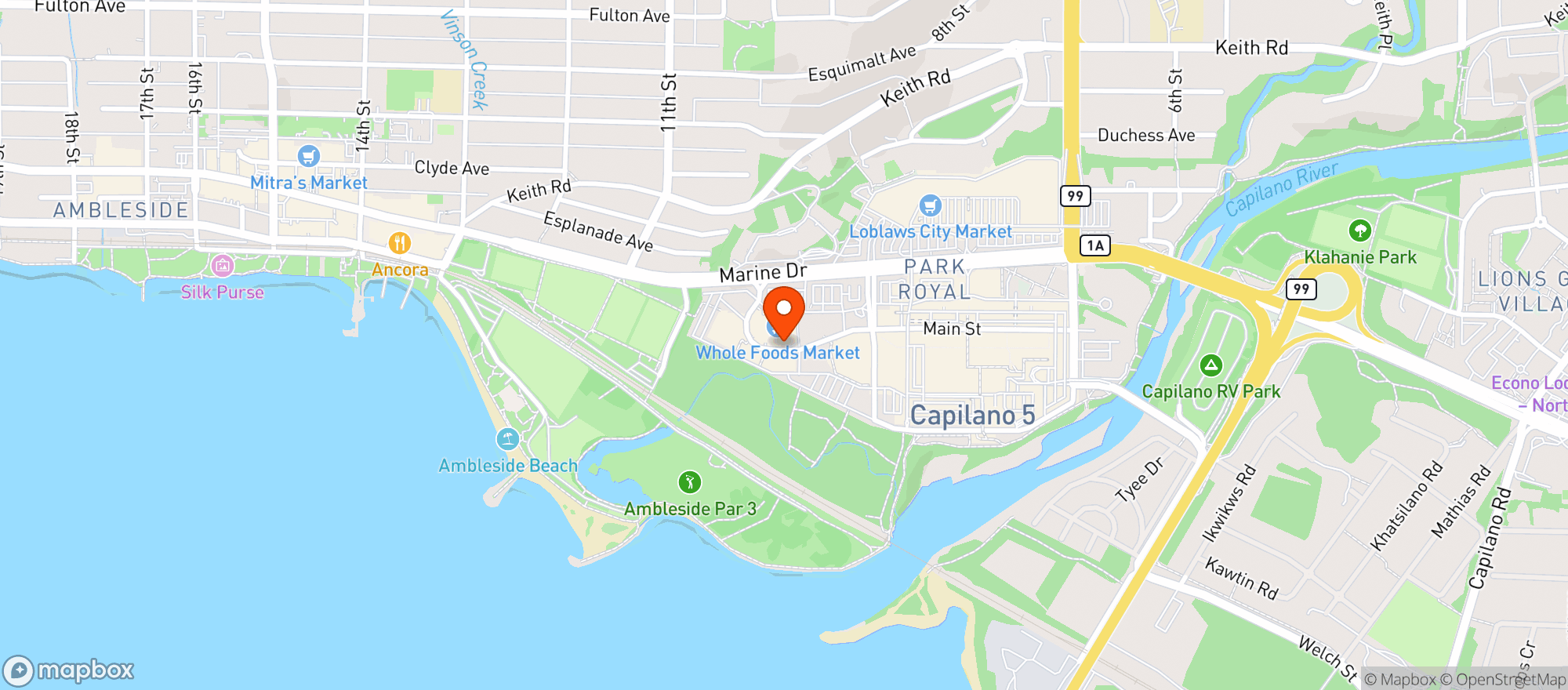 Map showing Whole Foods - West Vancouver