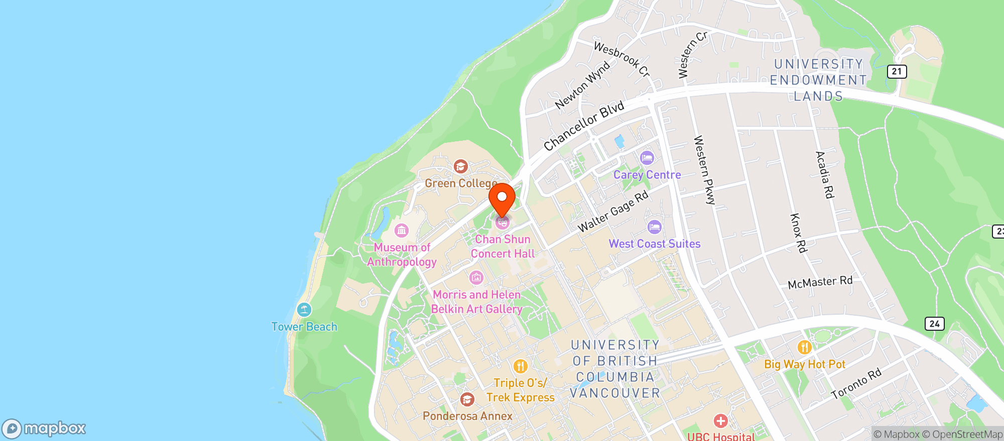 Map showing Chan Centre for the Performing Arts - UBC