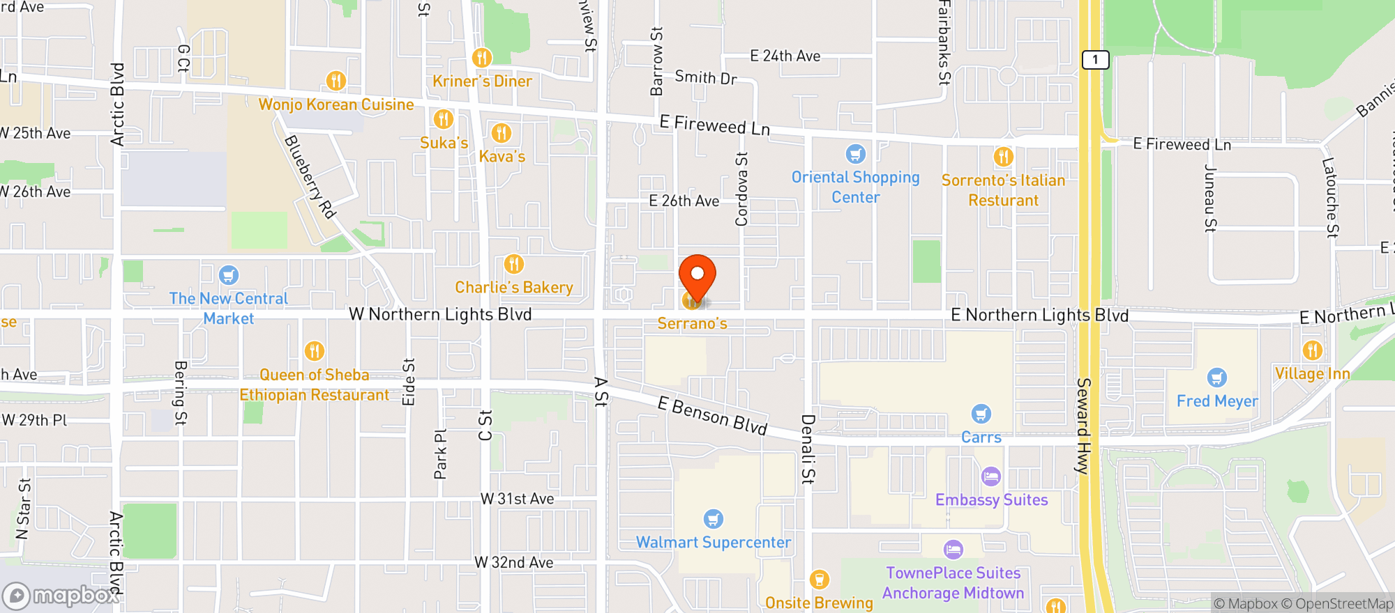 Map showing Serranos Mexican Grill
