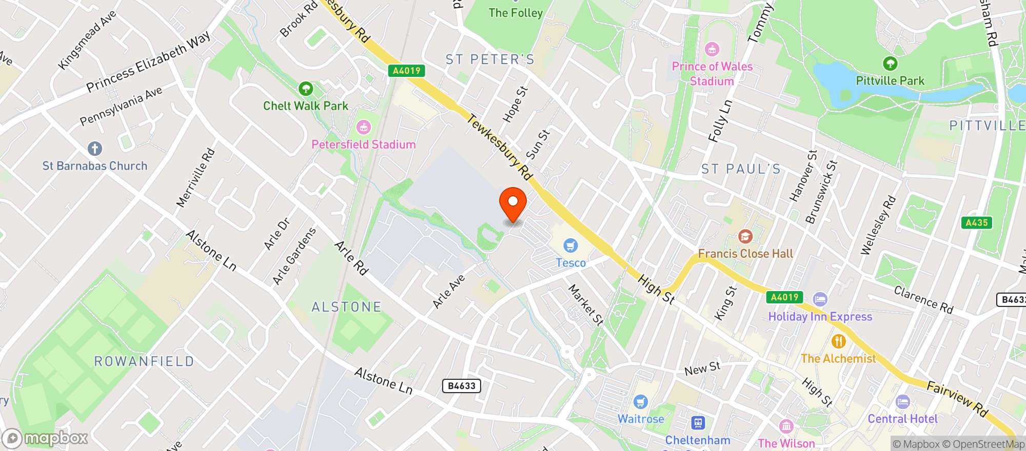 Map showing Tesco Superstore Cheltenham