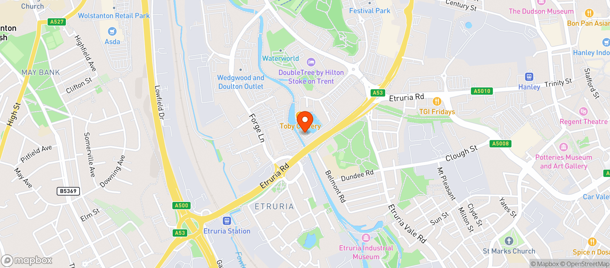 Map showing Toby Carvery - Festival Park