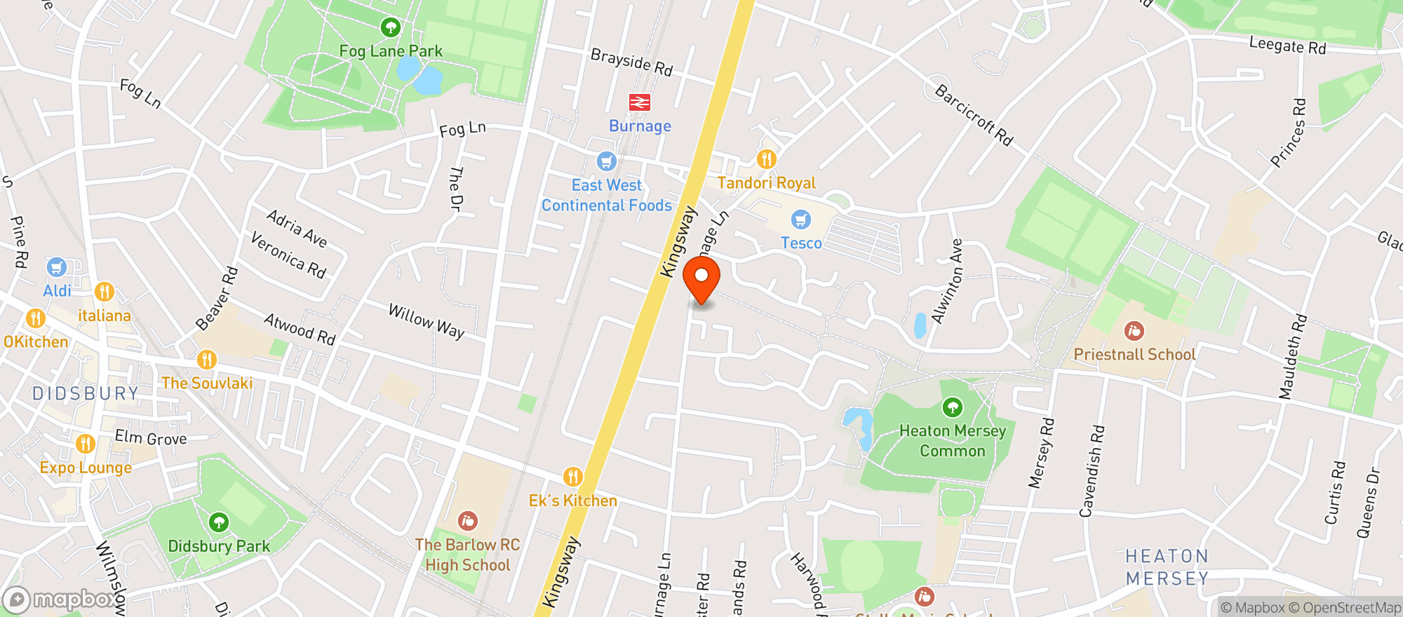 Map showing Tesco Superstore Burnage