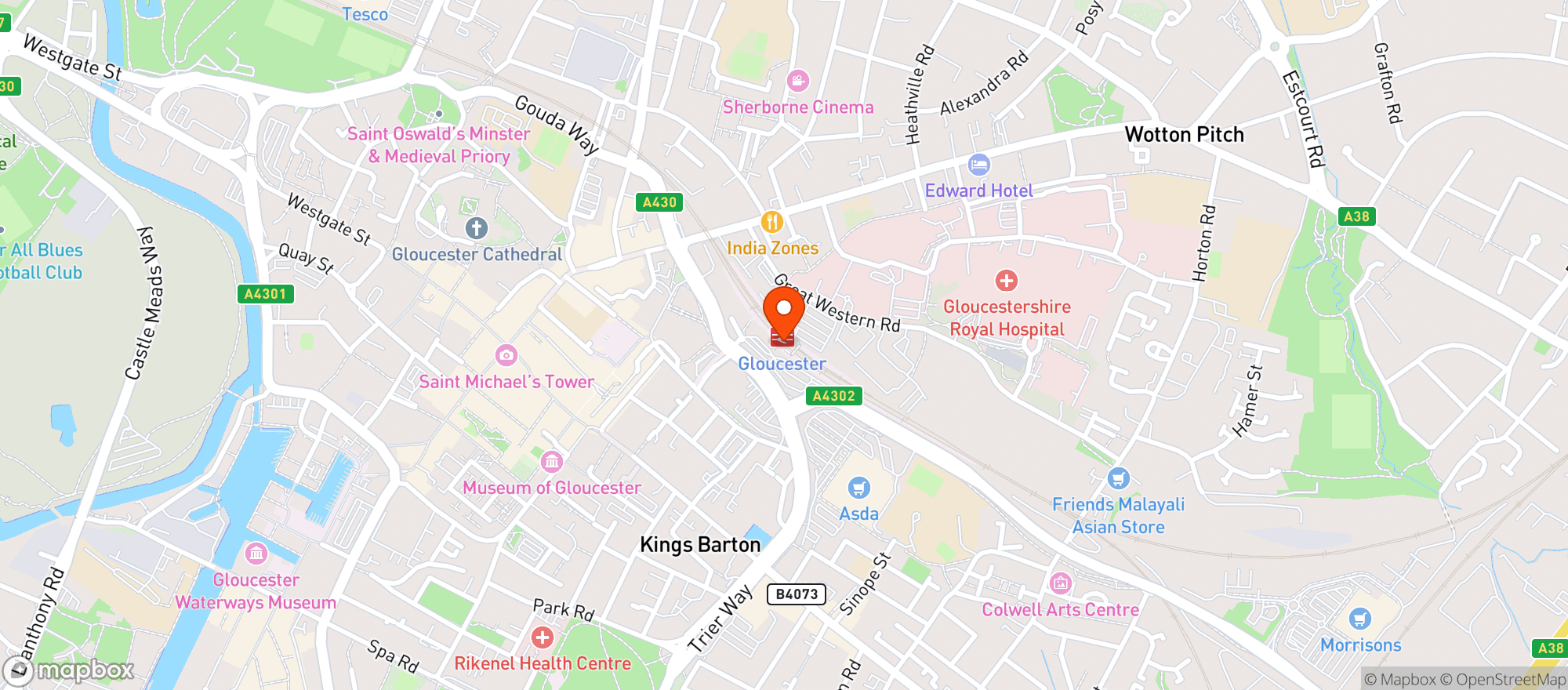 Map showing Gloucester Railway Station (gcr)