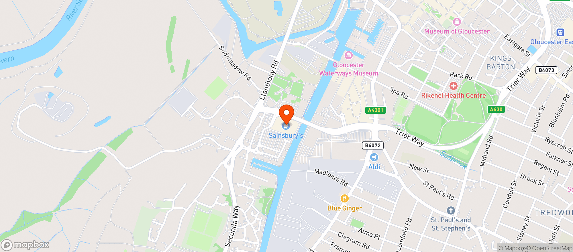 Map showing Sainsburys Gloucester Quays
