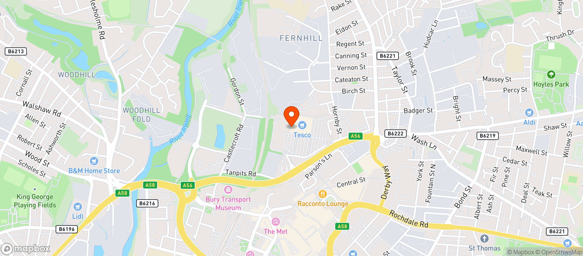 Map showing Tesco Superstore Bury