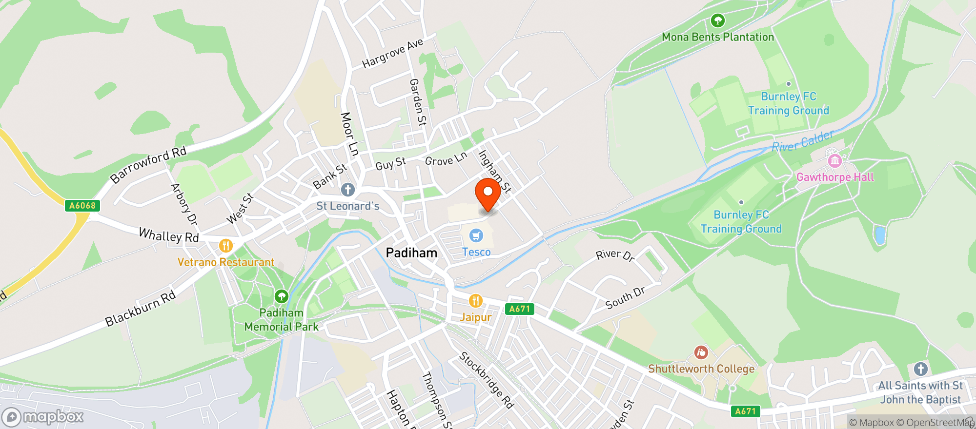 Map showing Tesco Superstore Padiham