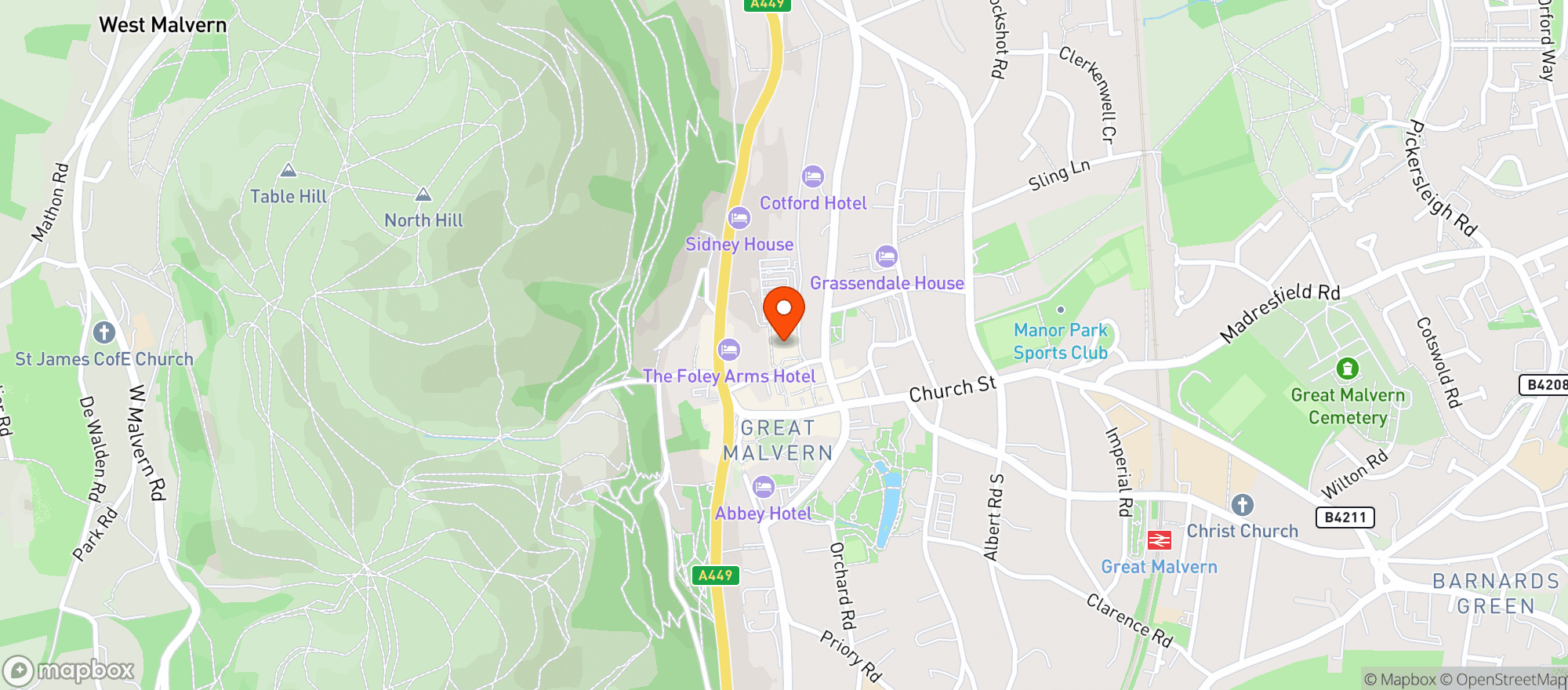 Map showing Waitrose Great Malvern