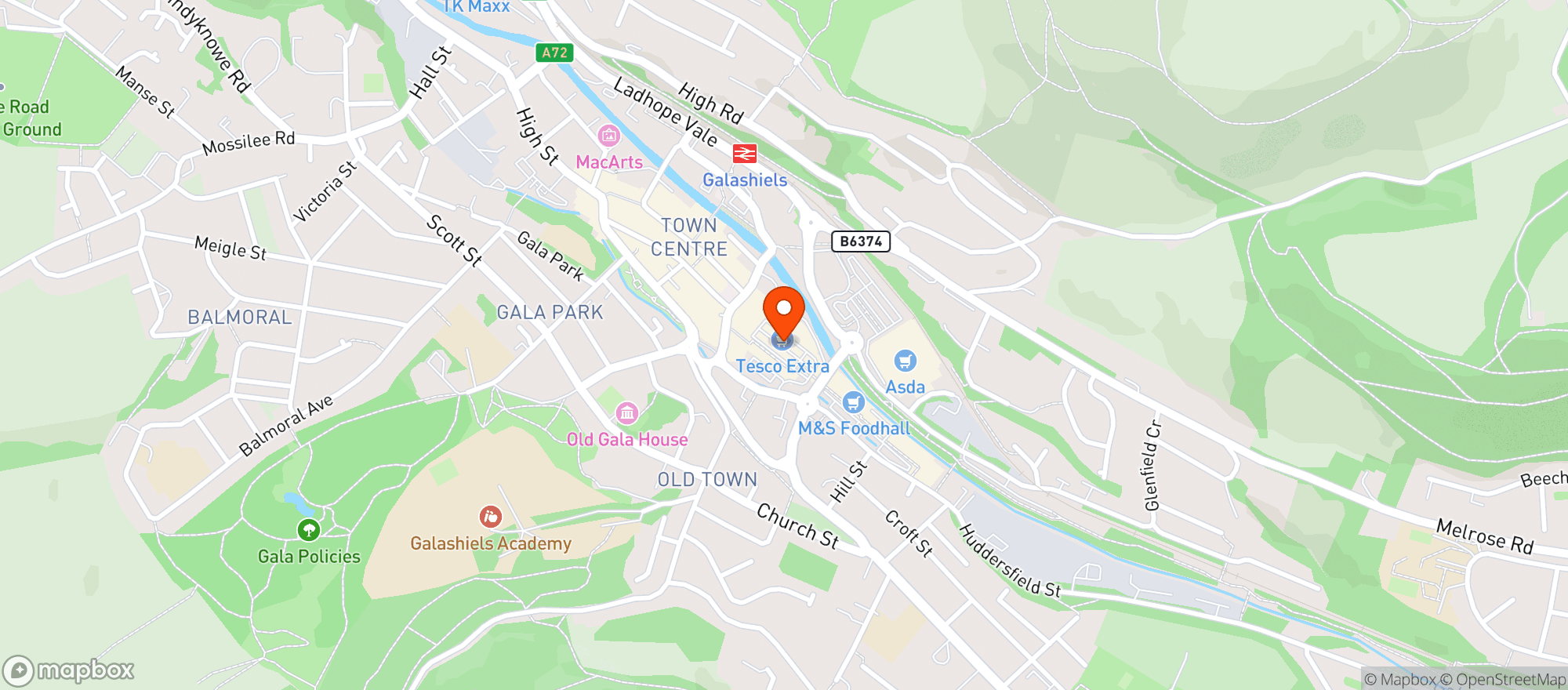 Map showing Tesco Extra Galashiels