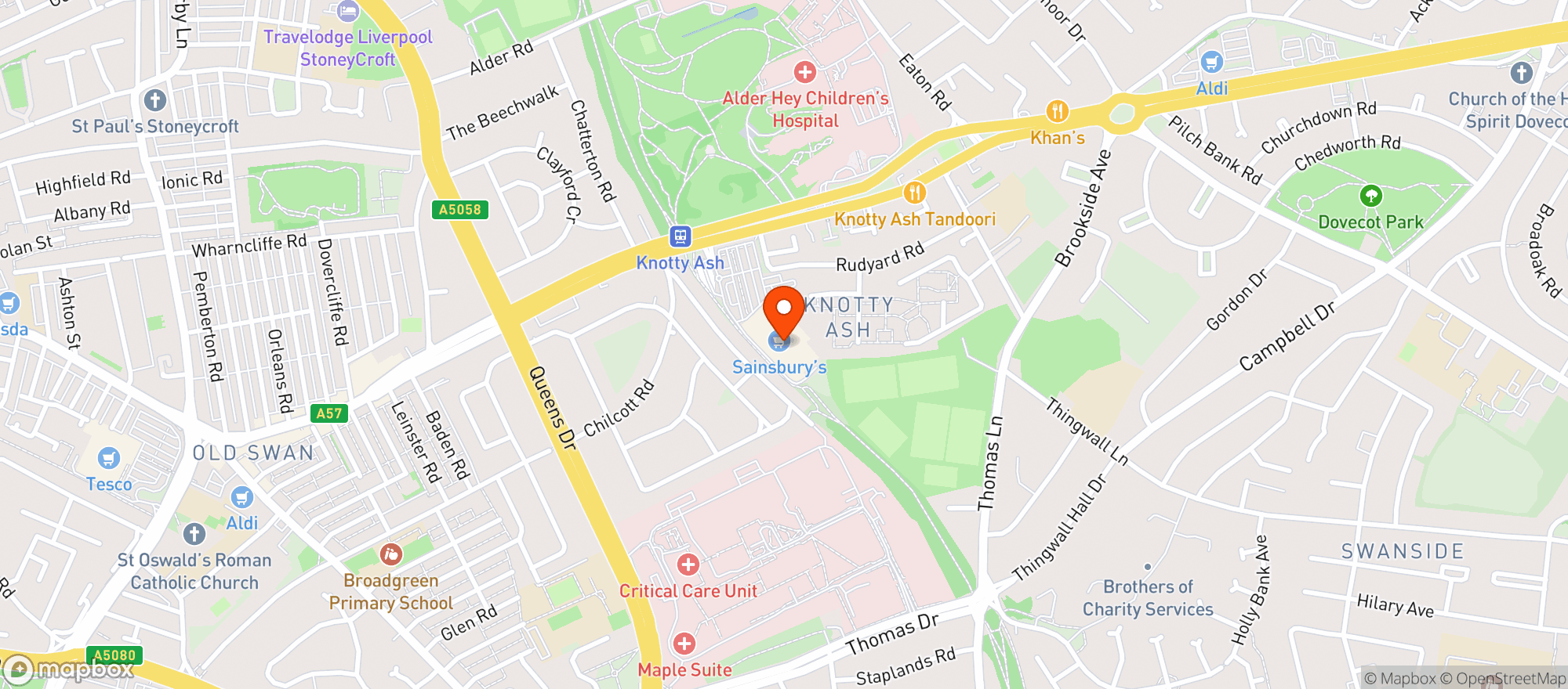 Map showing Sainsburys East Prescot Road