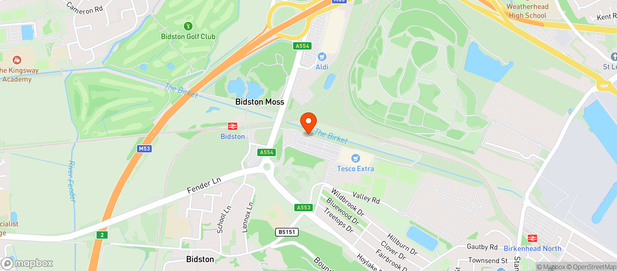 Map showing Tesco Extra Bidston Moss