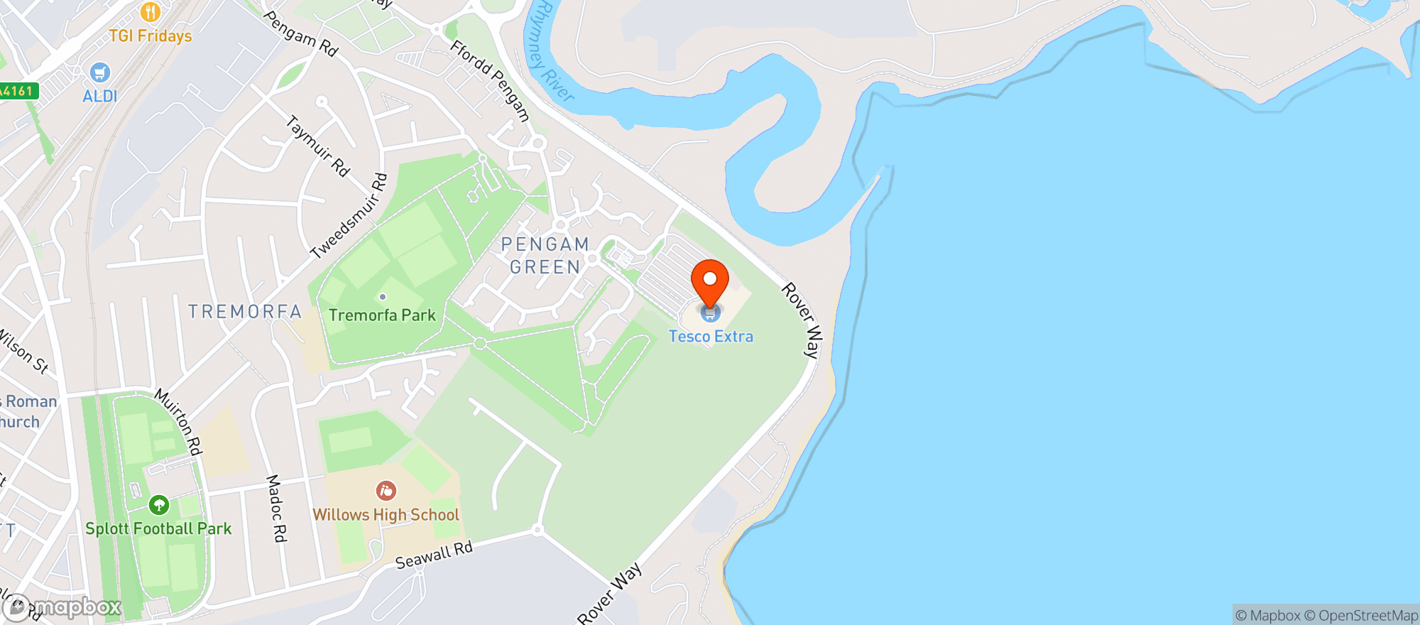 Map showing Tesco Extra Cardiff Pengam Green