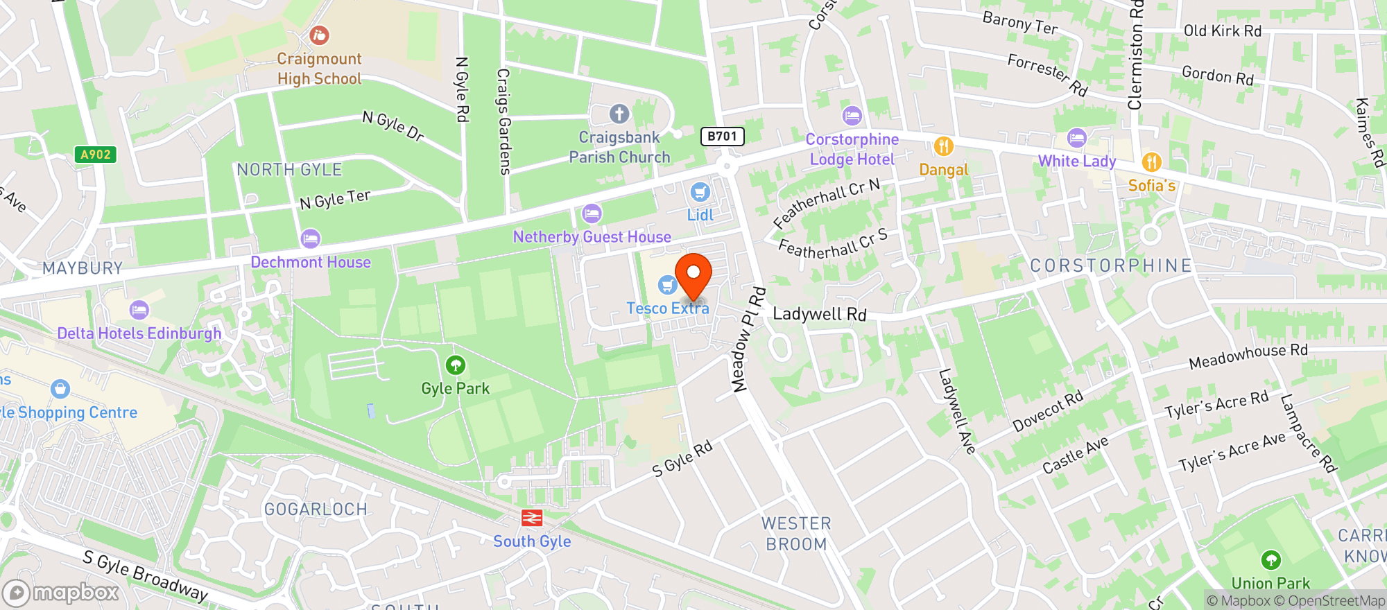 Map showing Tesco Extra Corstorphine