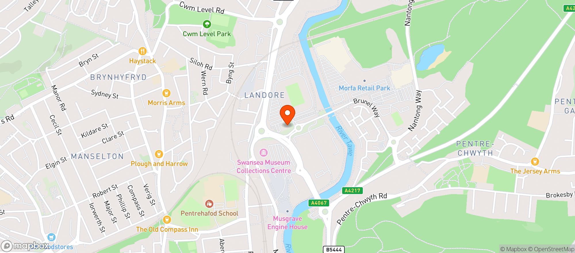 Map showing Harvester - Morfa Parc