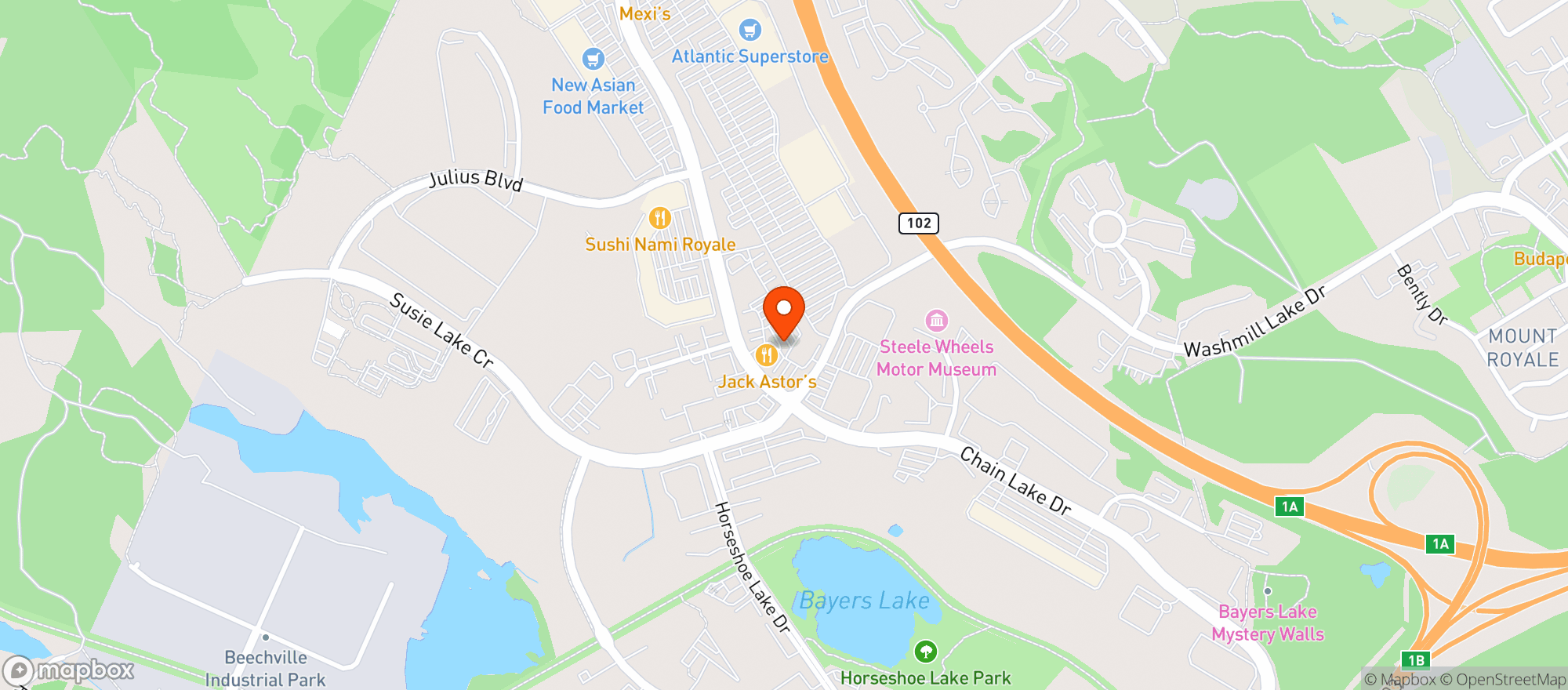 Map showing Moxies Bayer's Lake