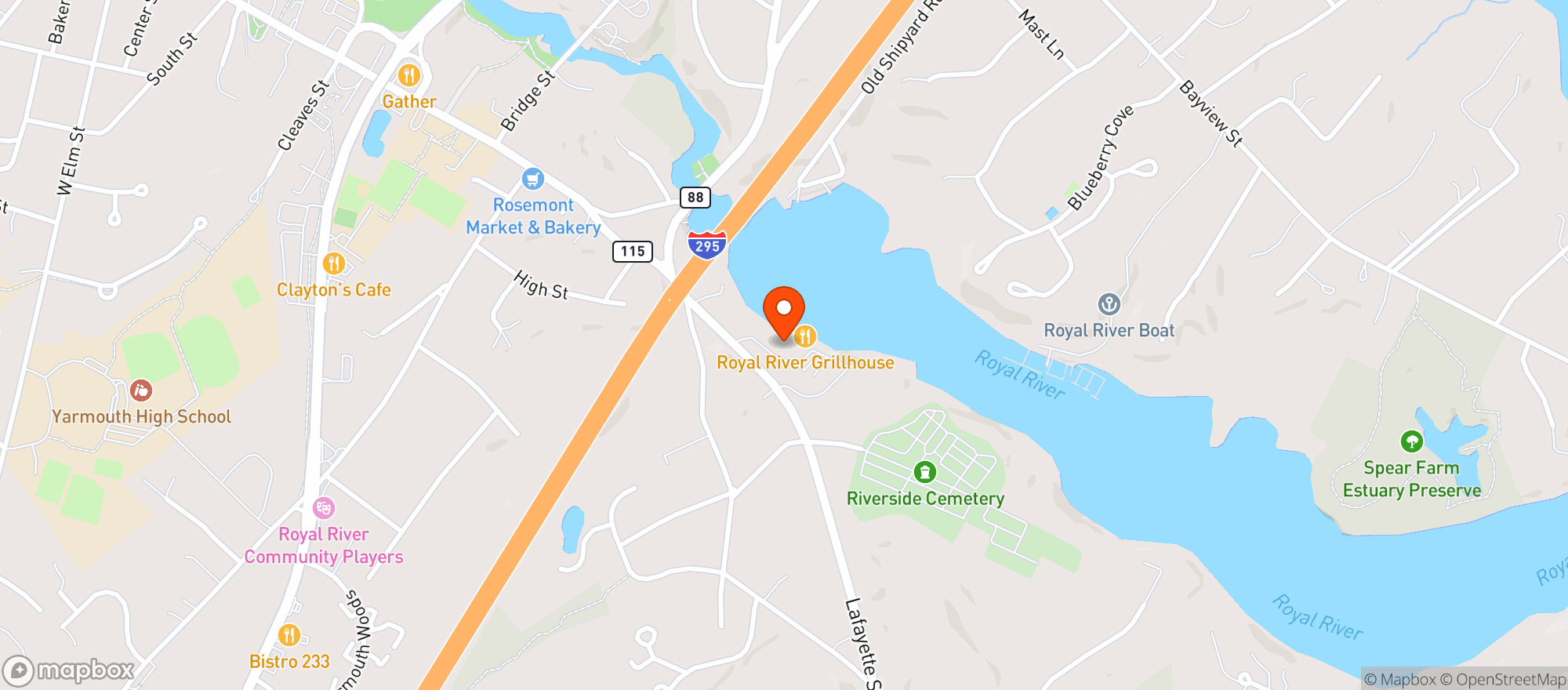 Map showing Royal River Grill House
