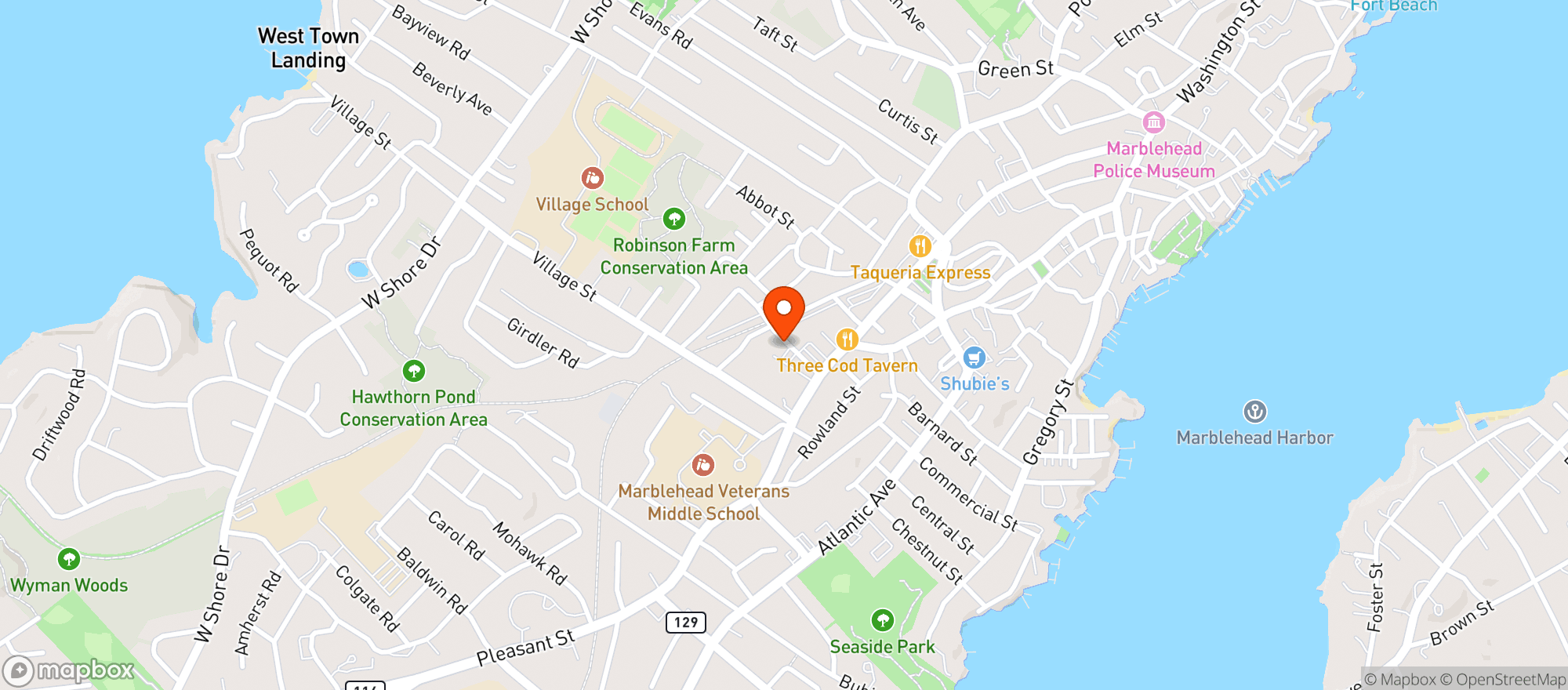 Map showing Village Liquors Marblehead