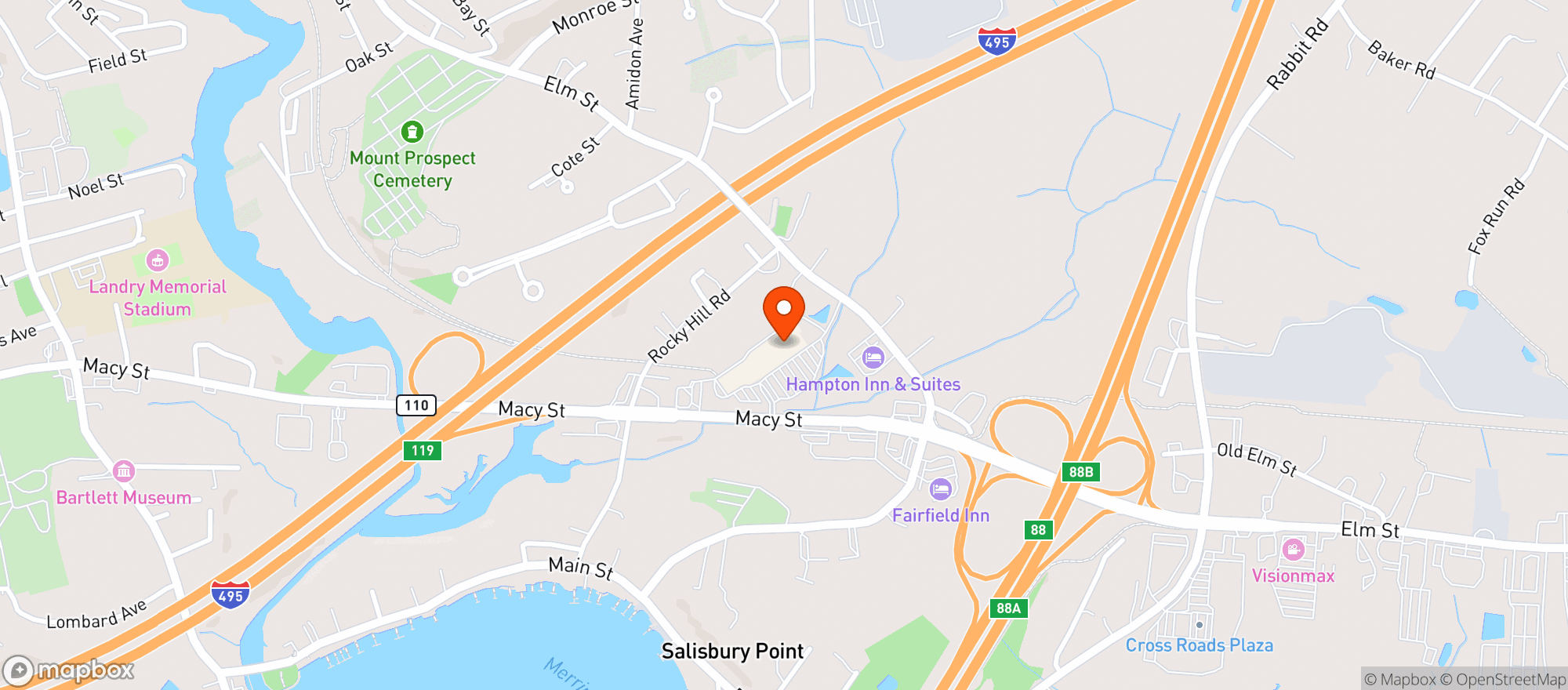 Map showing Amesbury Wines & Liquors